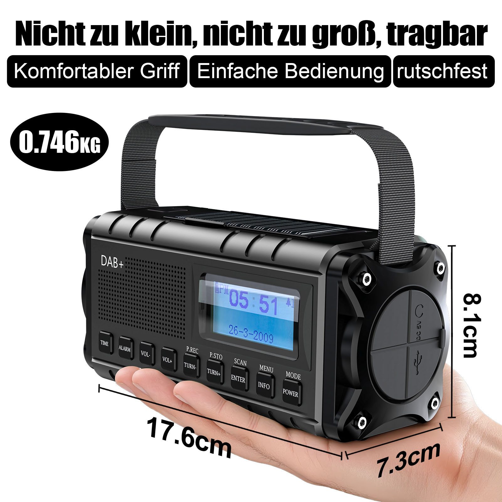 Solarbaby Multifunktionales Notfallradio, DAB+/FM Kurbelradio Notfallradio (mit Handy Ladefunktion, Wecker, SOS Alarm)