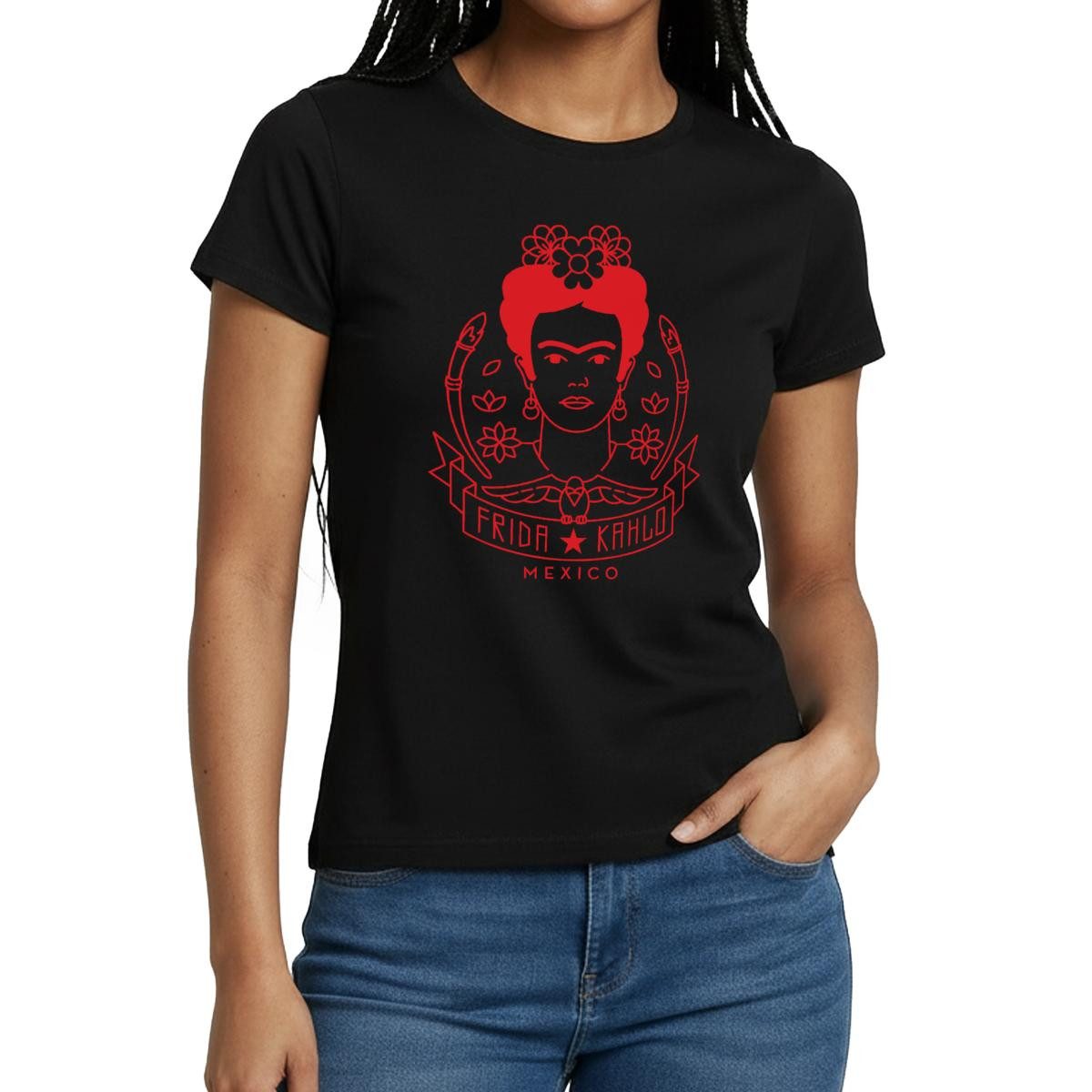 Spreadshirt T-Shirt Frida Kahlo Portrait Blumenkranz Rot Frauen T-Shirt (1-tlg)
