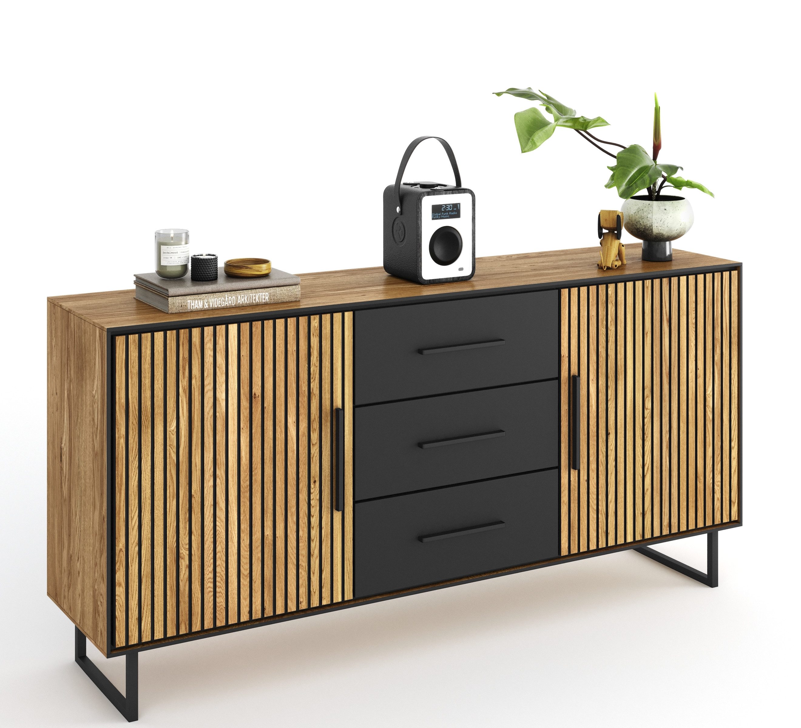 ELFO Kommode in Eiche / schwarz, Eiche teilmassiv - 163x84x40cm (BxHxT)