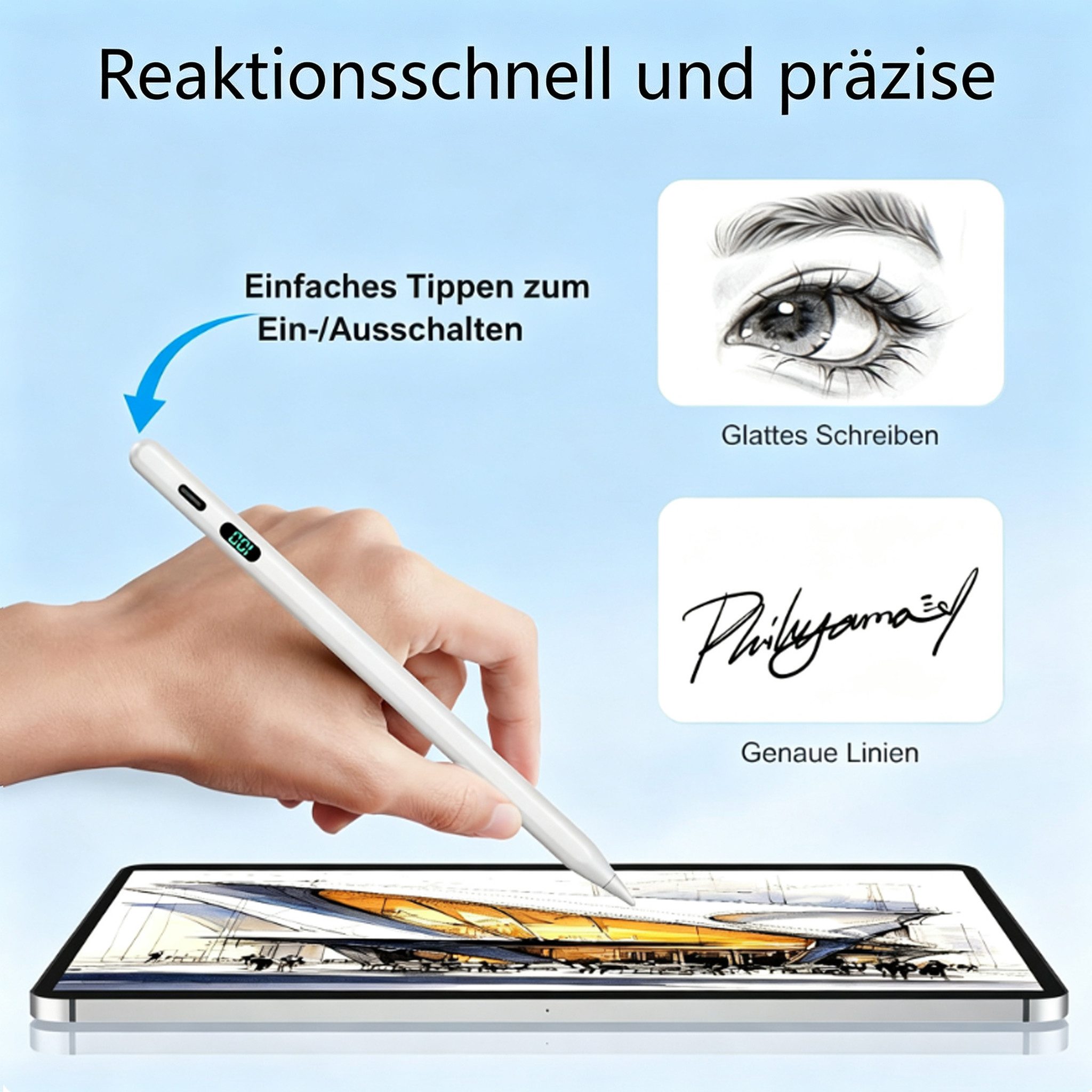 ibettertec Eingabestift Eingabestift Stift für iPad 2018-2026 mit USB-C Schnellladeleistung (Packung, für iPad Pro13"/12,9"/11"/iPad6-11.Gen/mini5-7/Air3-5,M2-M4) Handflächenerkennung, Neigungserkennung, LED-Ladestandsanzeige