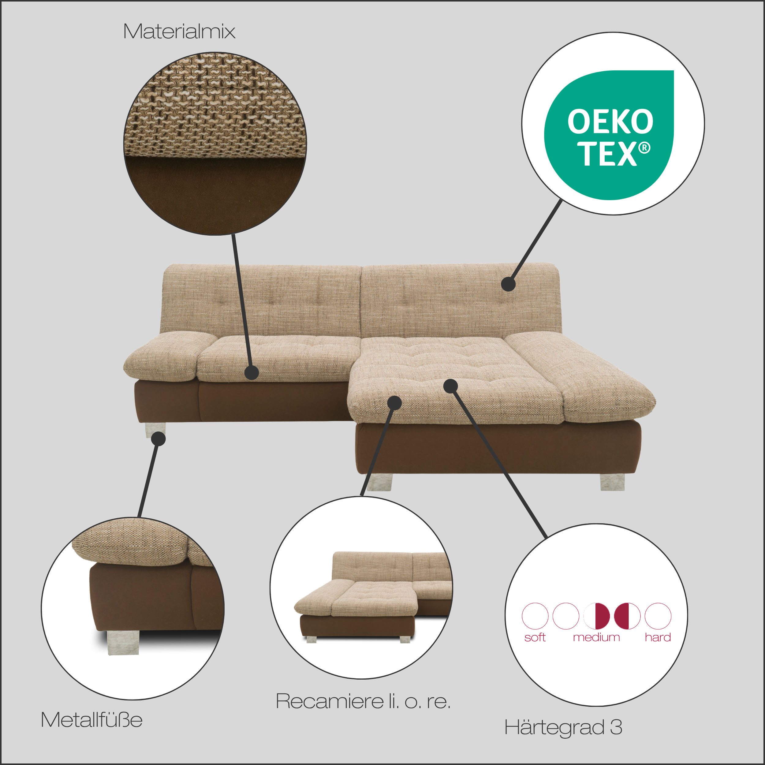 DOMO collection Ecksofa 100031 kompakte Stellmaße, komfortabel und bequem, L-Form, wahlweise mit Bettfunktion und Armteilverstellung. Breite 234 cm