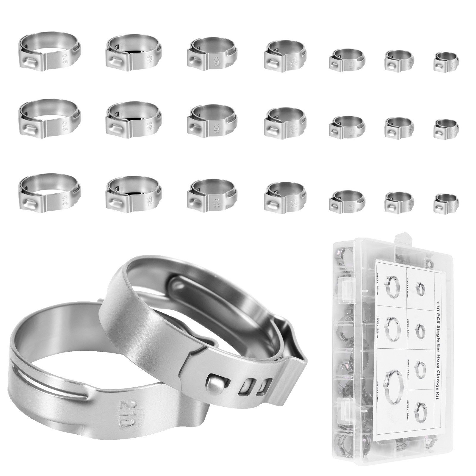 BlingBin Schlauchschelle 130PCS Einohr-Schlauchschellen aus Edelstahl, 7 Größen (7-21mm), (130er Set, 130-St., 130 Stück), Rohrschellen Schlauchklemme Verstellbare Klemme Kraftstoffleitung Clip