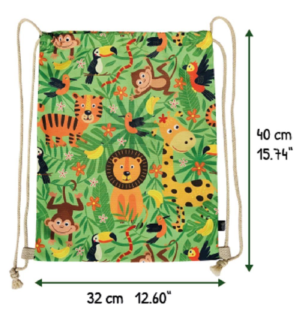 HECKBO Turnbeutel Mädchen Kinder Jungen Turnbeutel inkl. Sichtfenster für Bilder & Fotos - Dschungel - waschmaschinenfest - 40x32cm - Kindergarten - Rucksack, Tasche, Sporttasche Kinder, Sportbeutel