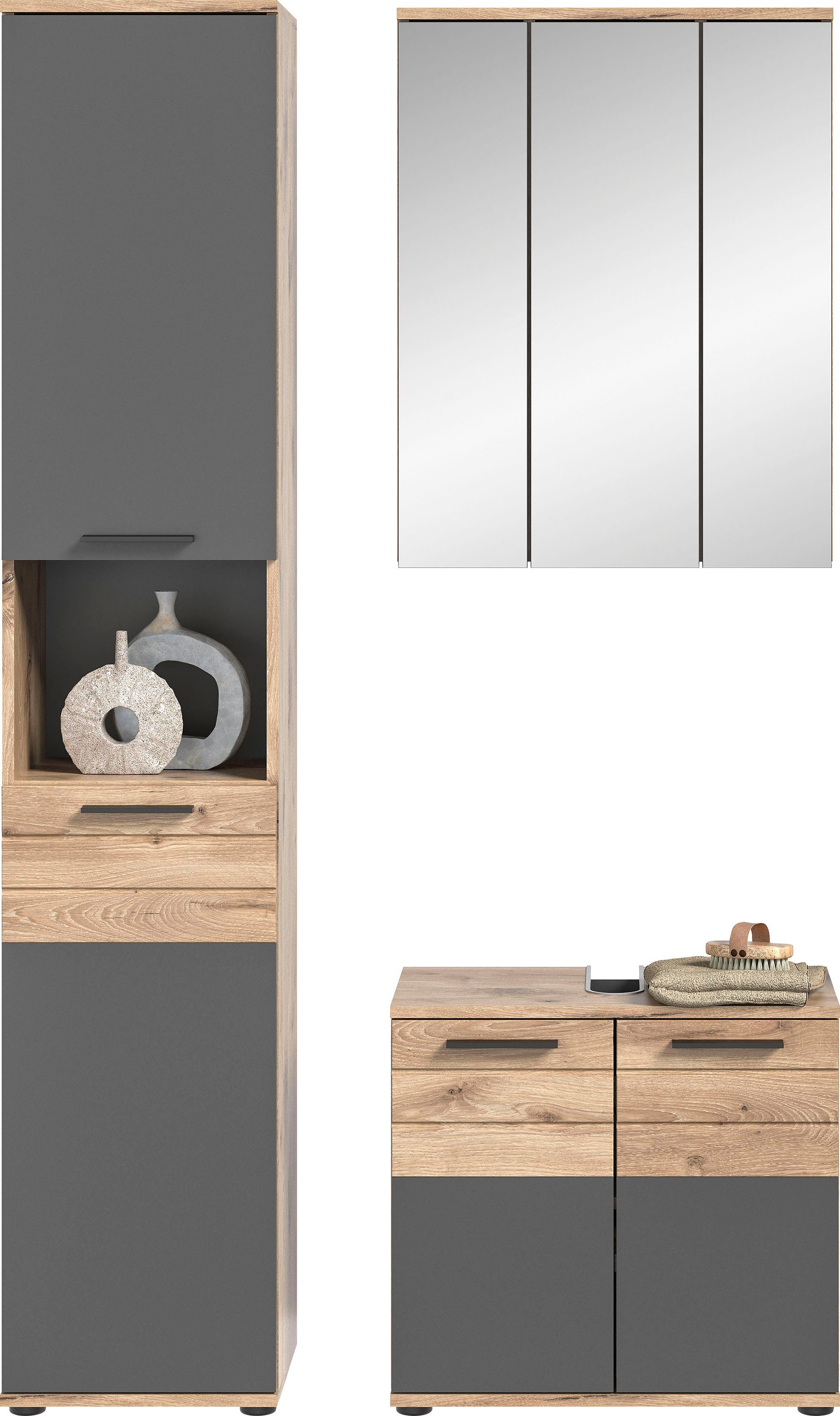 INOSIGN Badmöbel-Set Riga, 3 teilig, bestehend aus:, (Set), Hochschrank, Waschbeckenunterschrank, Spiegel