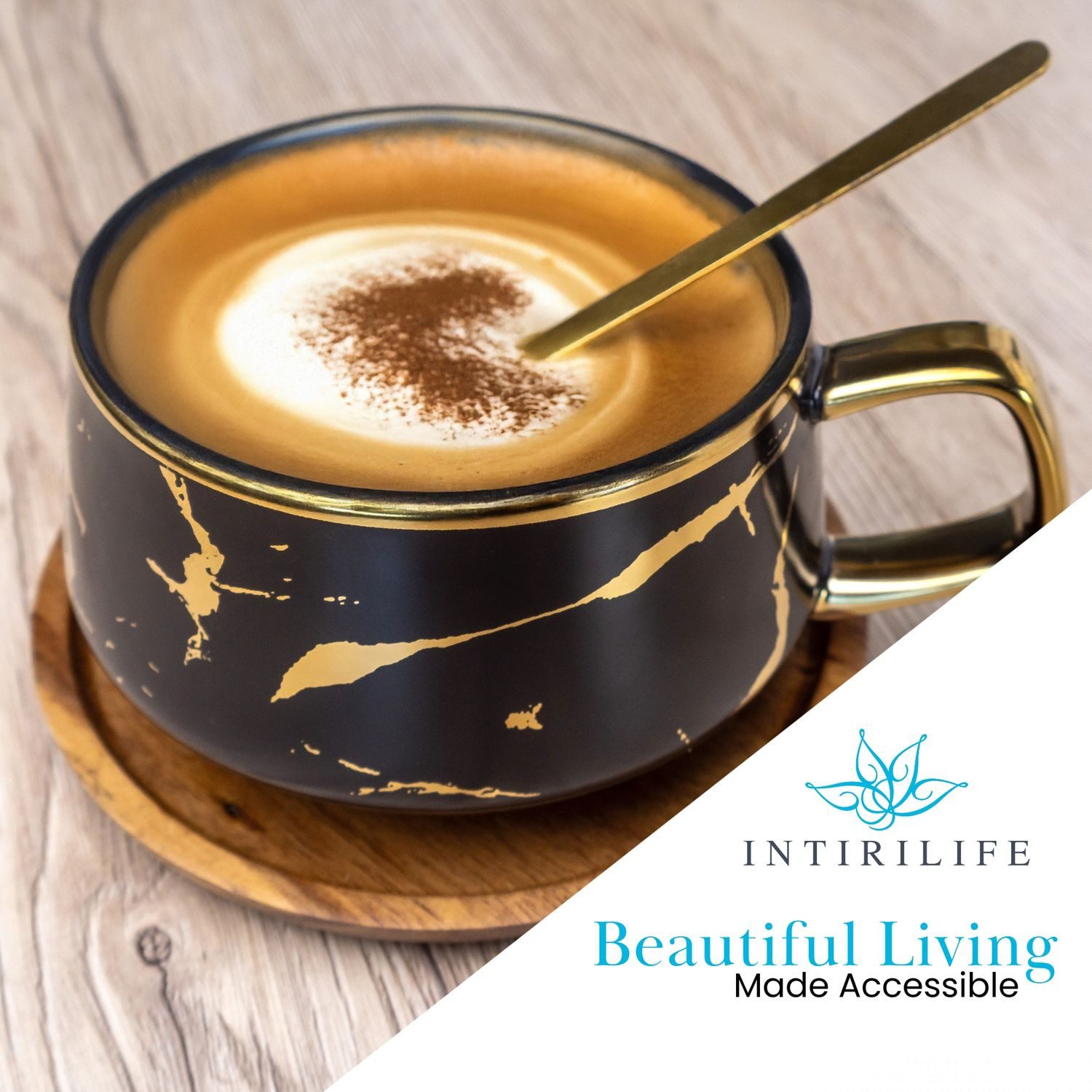 Intirilife Tasse, 1-tlg., Keramik, 1x Kaffeetasse, Teetasse mit Holz Untersetzer Becher