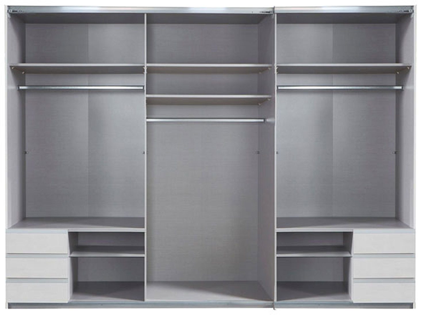 Wimex Schwebetürenschrank Level (mit Schwebetüren, Holzböden, Kleiderstangen, 1-St., mit Spiegel, Synchronöffnung, Metallgriffleisten) 300x65x236cm weiß mit Spiegel und 6 Schubladen