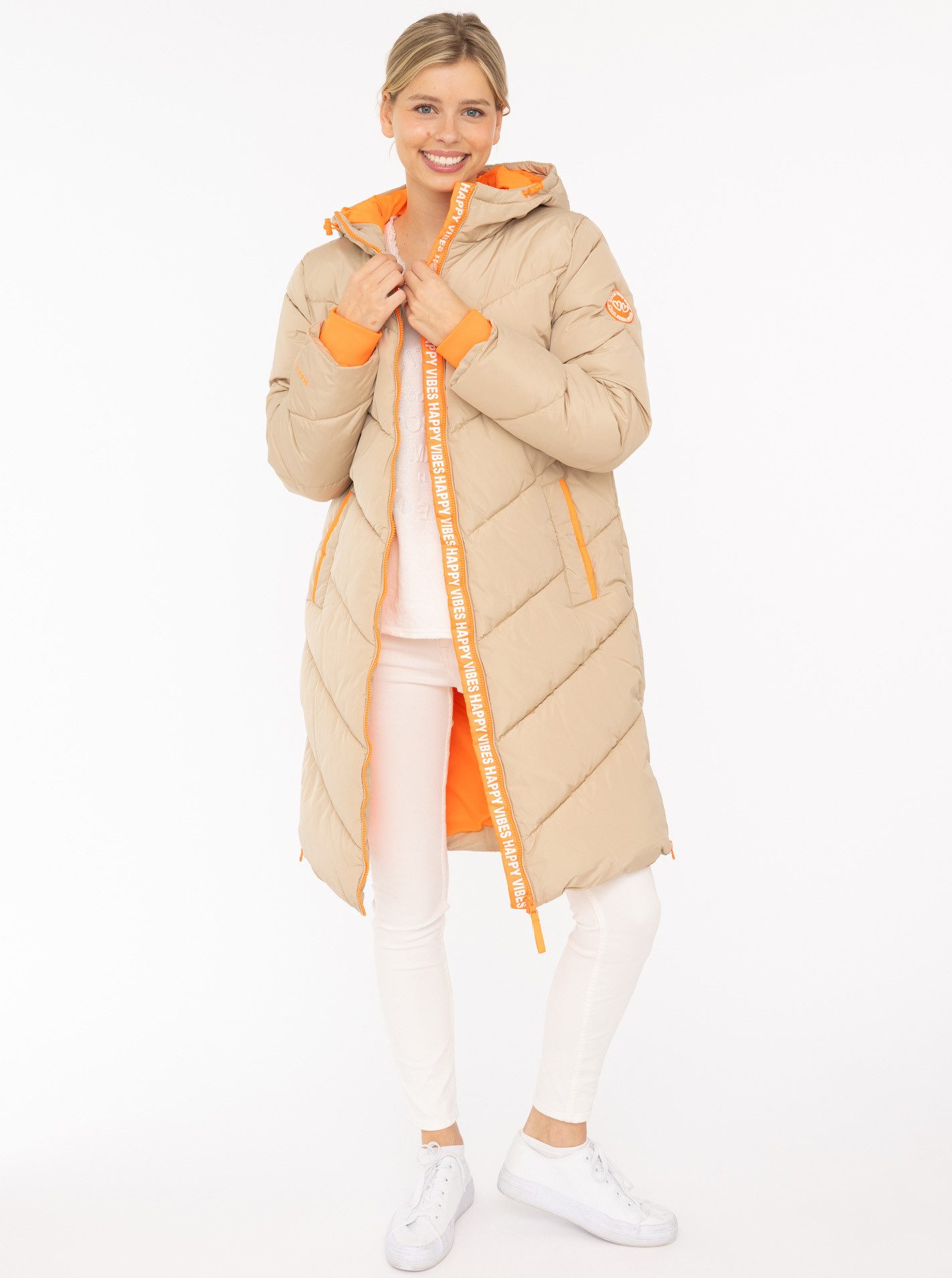 Zwillingsherz Steppmantel "Happy Vibes" Print an Kapuze, farbigen Details u günstig online kaufen