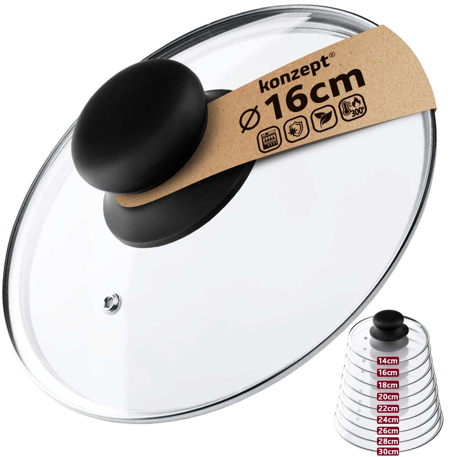 KONZEPT Topfdeckel Topfdeckel aus Glas Verschiedene Durchmesser, Ø 14 - 30 cm, Dampfauslass, spülmaschinengeeignet