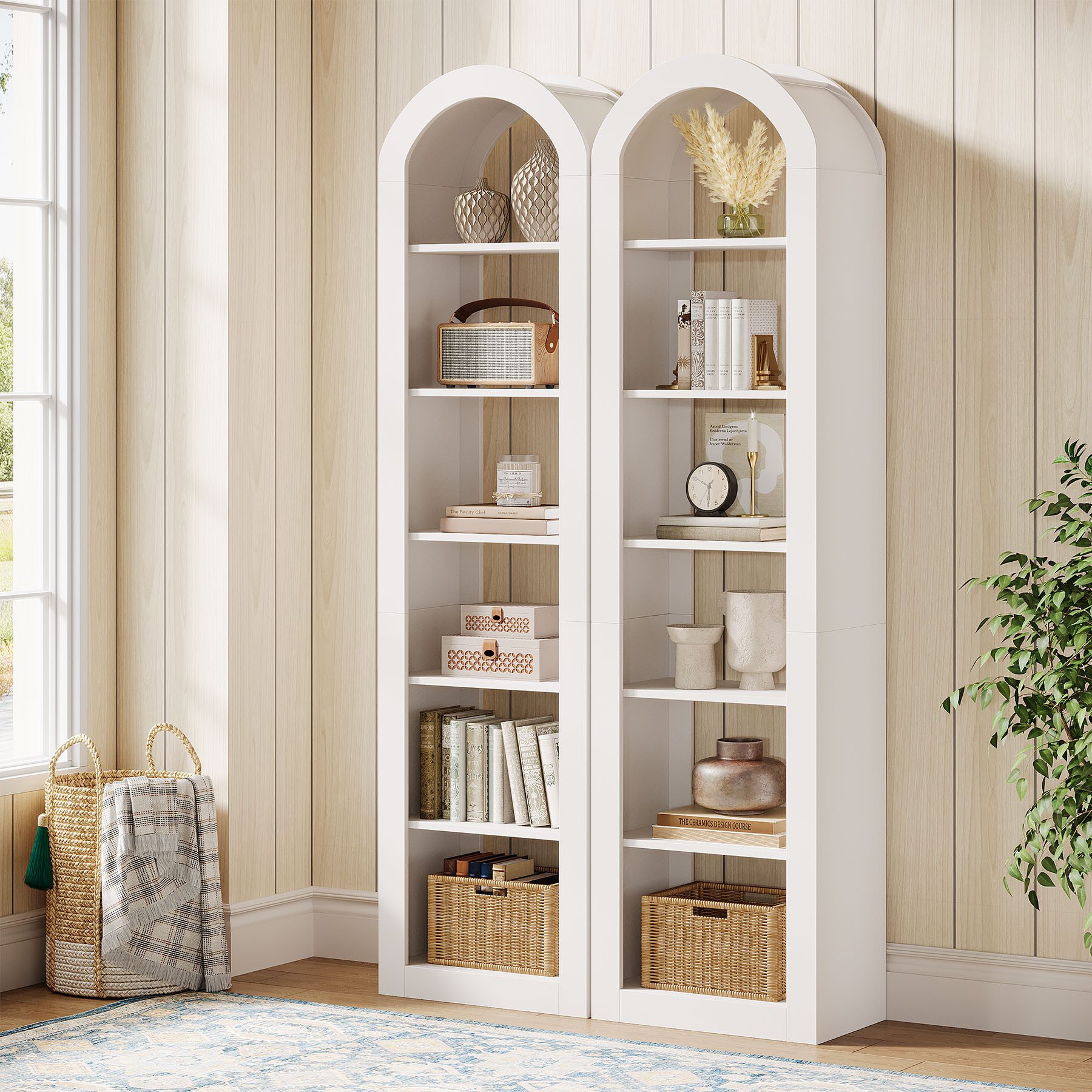 Tribesigns Bücherregal 190 cm Hoch, 6-stöckiges Schmales Regal Mit Bogendesign, Warmweiß
