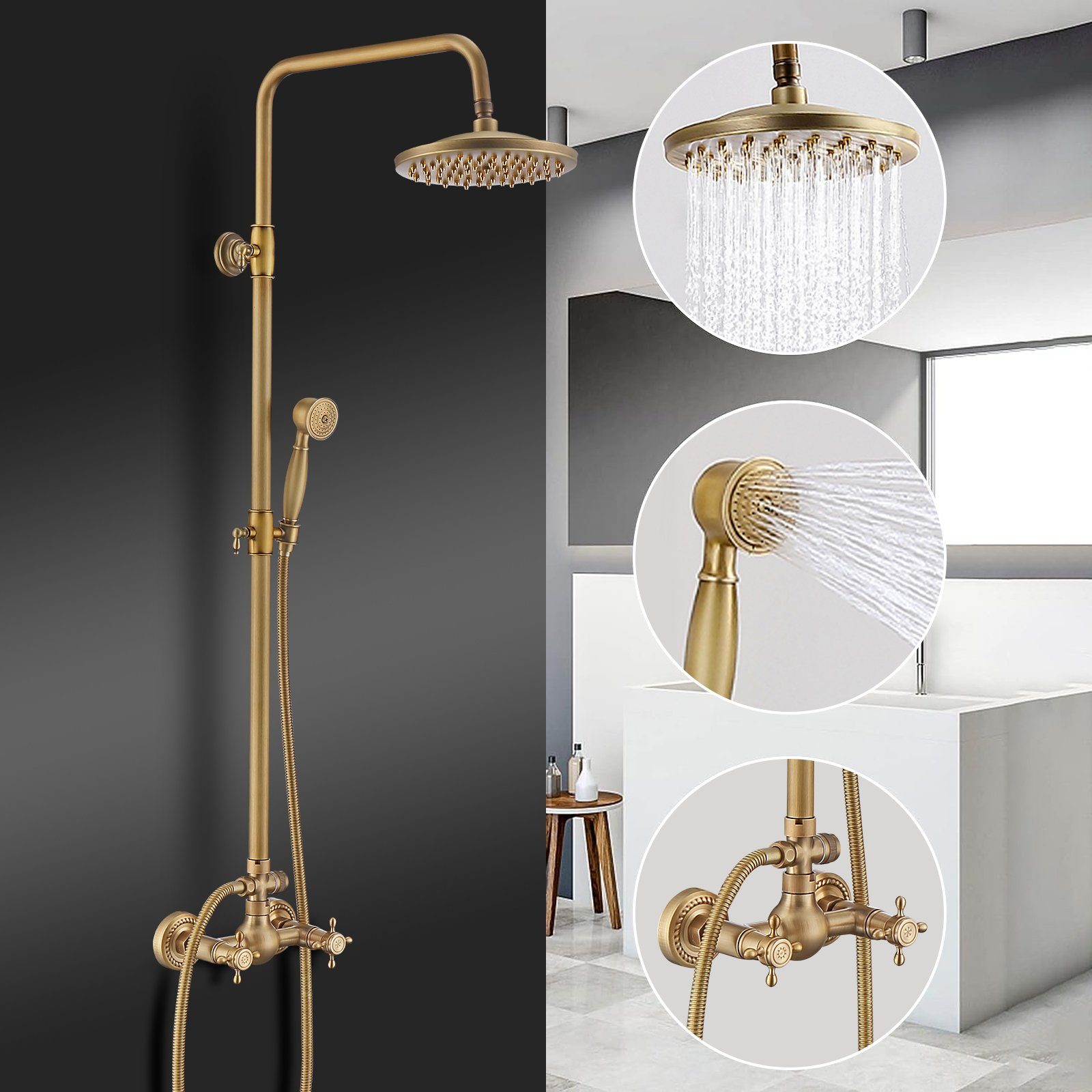 HOMELODY Duschsystem gold Retro Messing Duscharmatur Set Antik Gold Dusche mit Regendusche, 2 Strahlart(en), Thermostatische Dusche, Duschset mit 8" Regendusche Handbrause Kopf - Höhenverstellbar