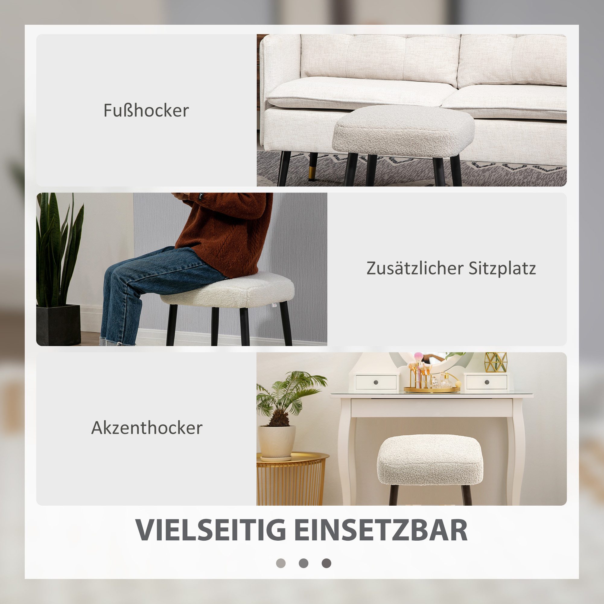 HOMCOM Fußhocker Hocker mit weichem Sitzkissen, Stahlbeinen, Polsterhocker Ottoman (Hocker, 1 St., Sitzhocker), für Schlafzimmer, Stahlbeine, Hellgrau – Bild 5 von 5
