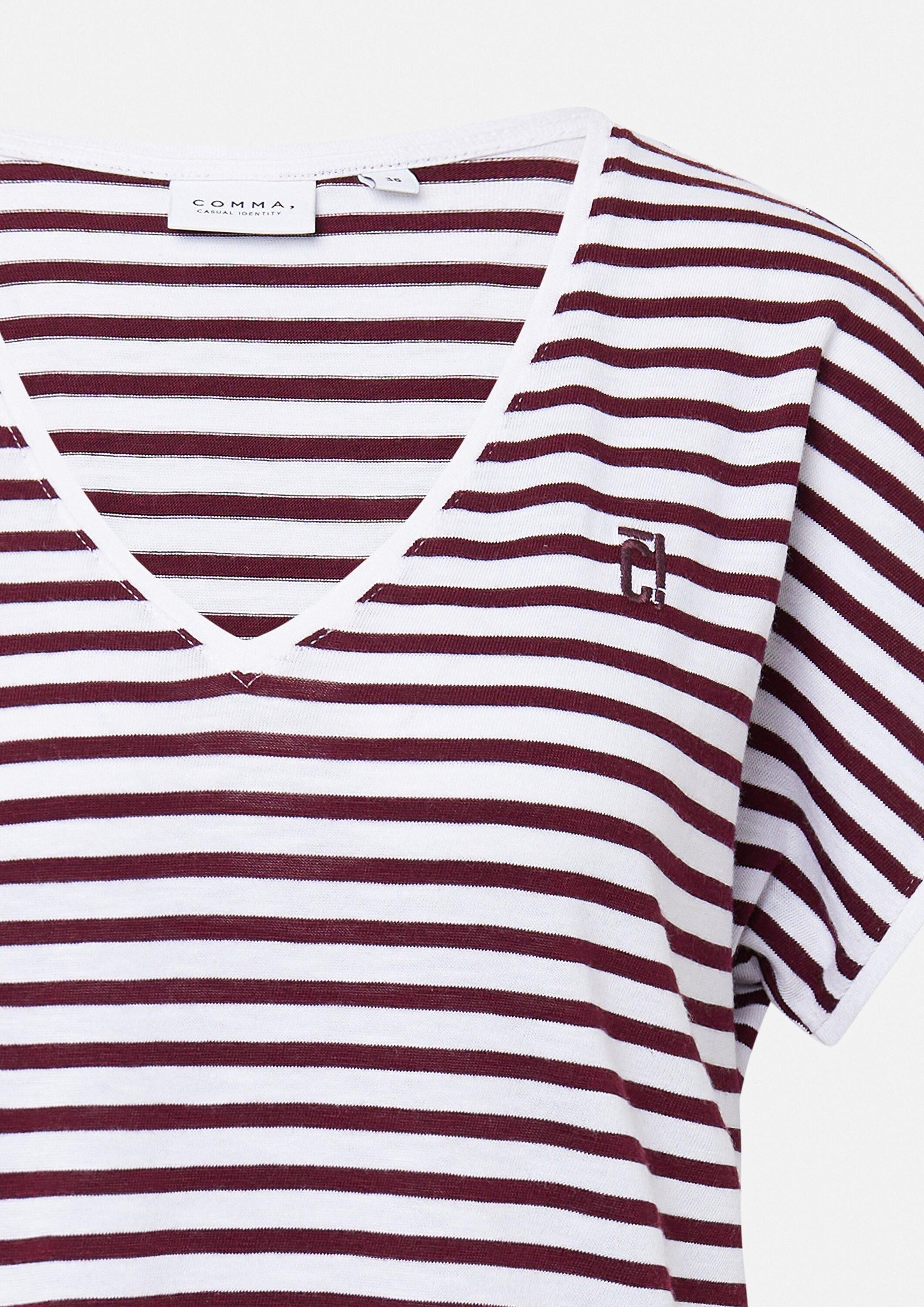 comma Kurzarmshirt T-Shirt Strickshirt mit Streifen und V-Ausschnitt