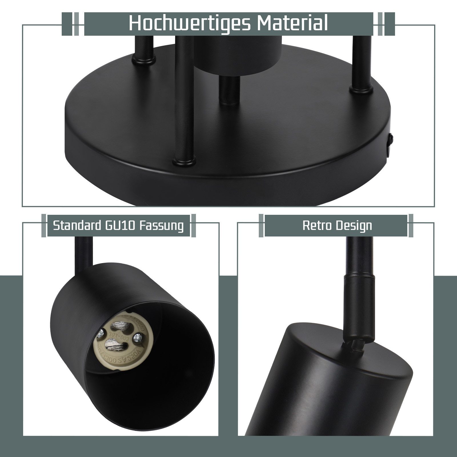 Nettlife Deckenstrahler 3/4 Flammig Deckenlampe Schwarz Flurlampe GU10 Deckenspots, Schwenkbar 350°, ohne Leuchtmittel, Schwenkbar 350° für Küche Flur Schlafzimmer Wohnzimmer