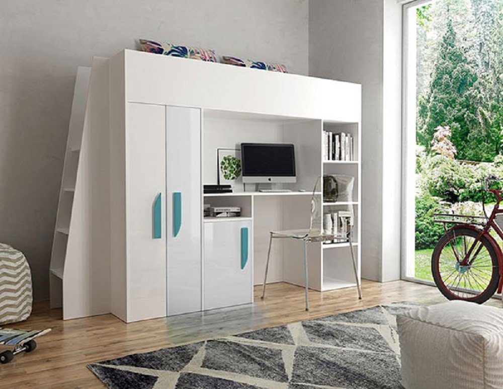 Feldmann-Wohnen Hochbett PARTY (Etagenbett, mit Schrank und Schreibtisch) Farbe wählbar weiß / weiß Hochglanz - Griffe türkis