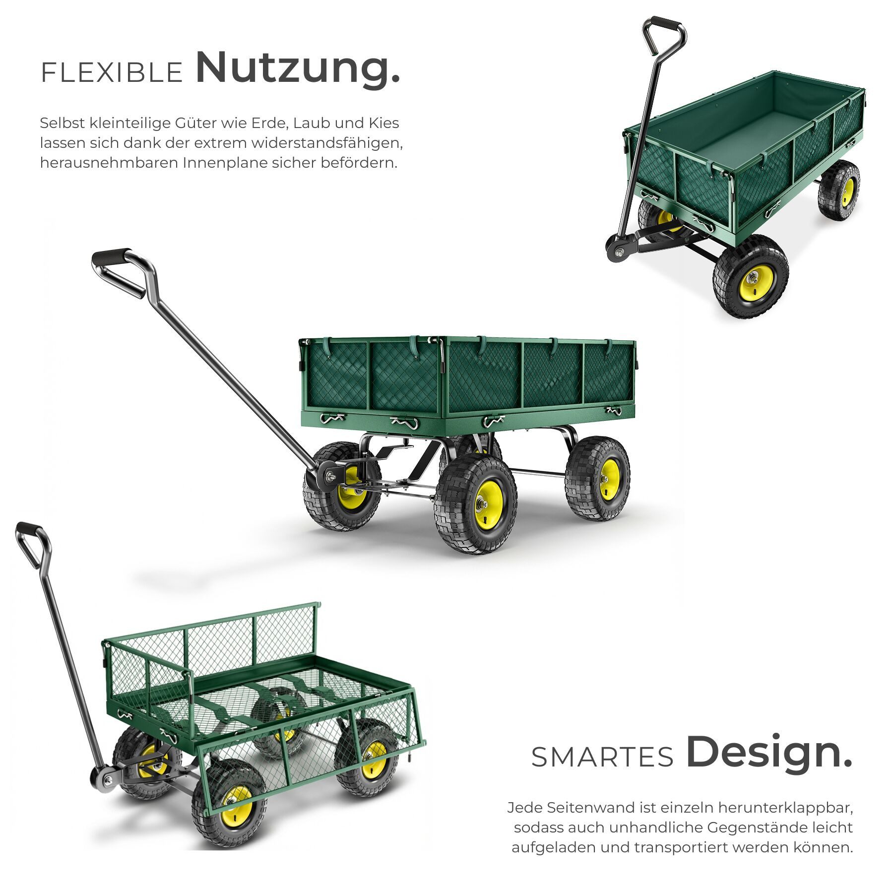 tectake Bollerwagen Handwagen max. 350kg, Kippfunktion mit klappbaren Seitenwänden (1 Transportwagen, 1-tlg., 105L Volumen in Grün), mit klappbaren Seitenwänden