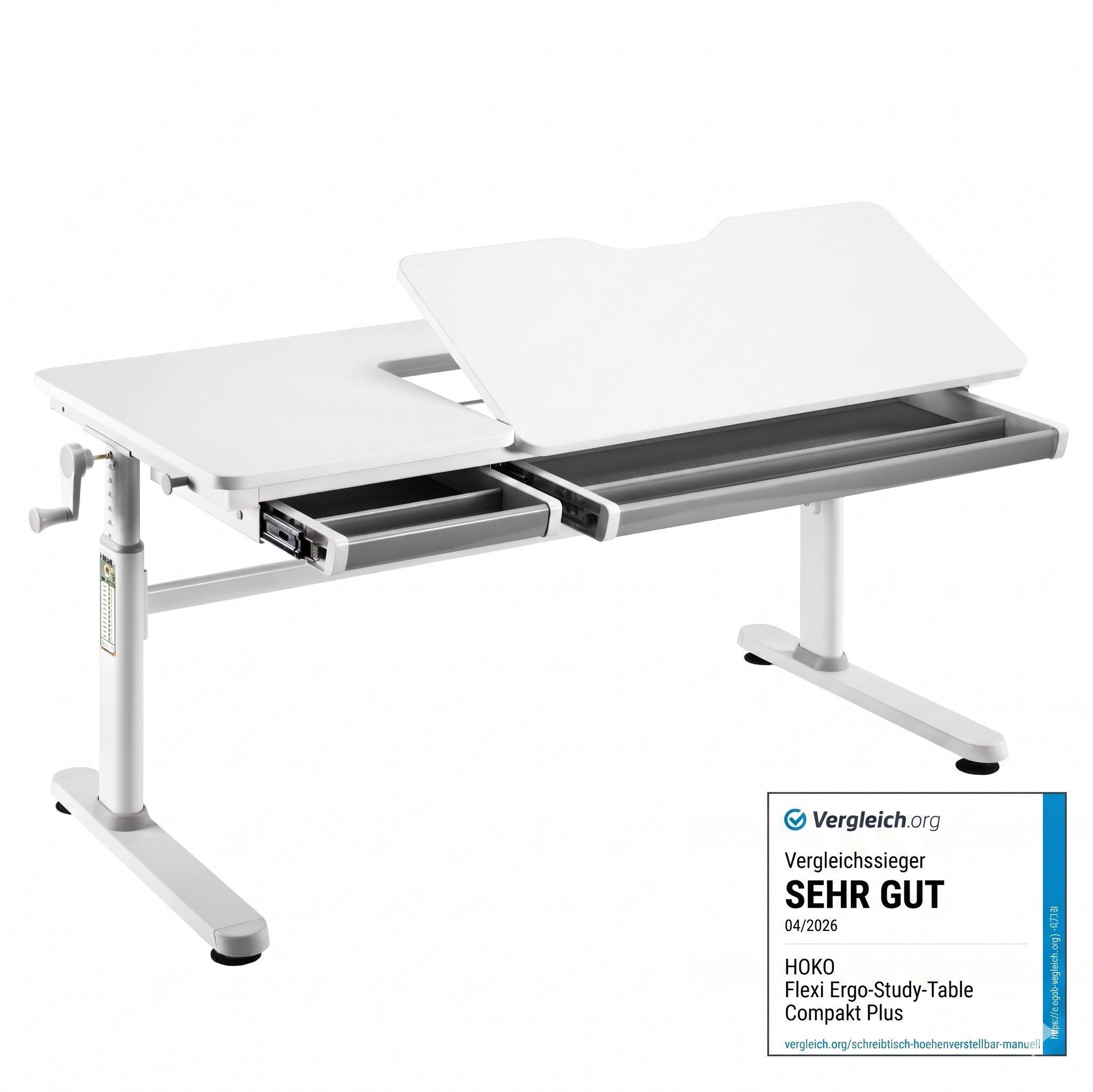 HOKO Kinderschreibtisch höhenverstellbar für Kinderzimmer (120x60 cm Schreibtisch, Jugendschreibtisch mit 80x40 cm neigbarer Tischplatte & 2 Schubladen), verstellbar 54-76 cm, bis 100 kg, für Kinder ab 6 Jahren, Weiß, ELIN