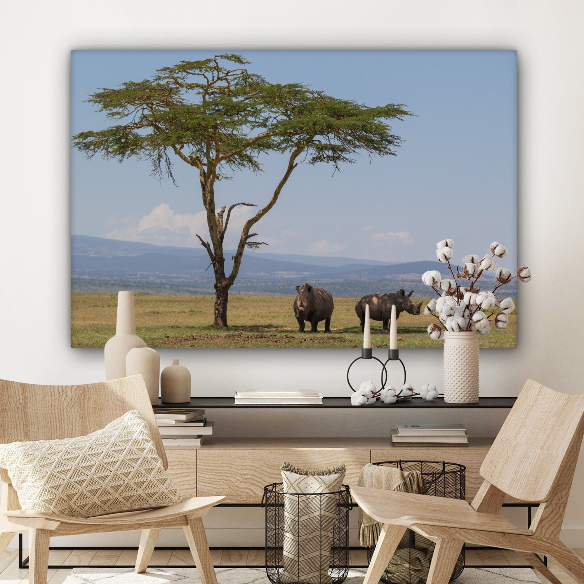 - großes, (1 Gemälde, für cm Wohnbereiche, Leinwandbild XXL, Wandbild St), 120x80 Bäume OneMillionCanvasses® Nashörner - Safari, alle