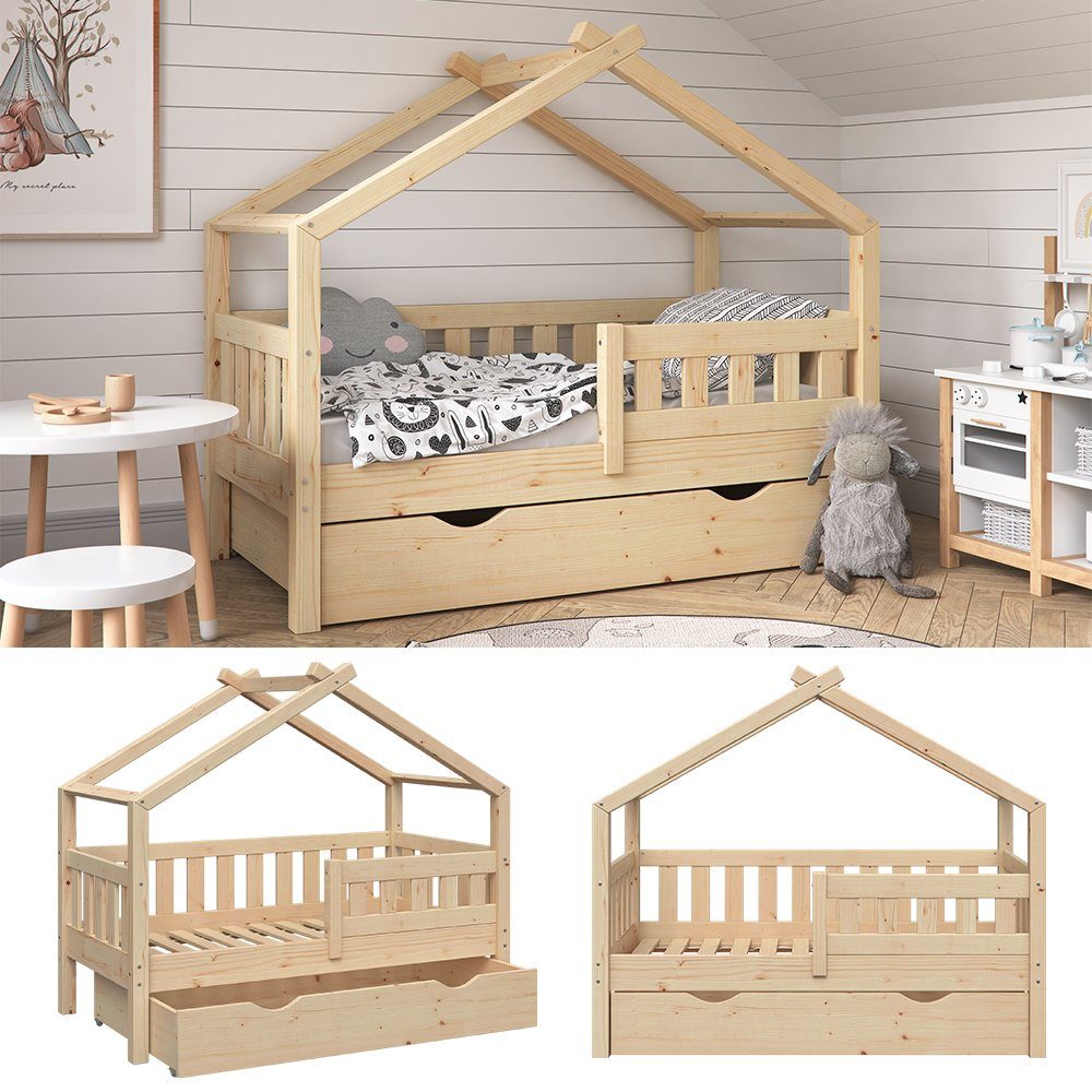 VitaliSpa® Hausbett Design, Naturholz, 70x140 cm mit Schublade (2-tlg)