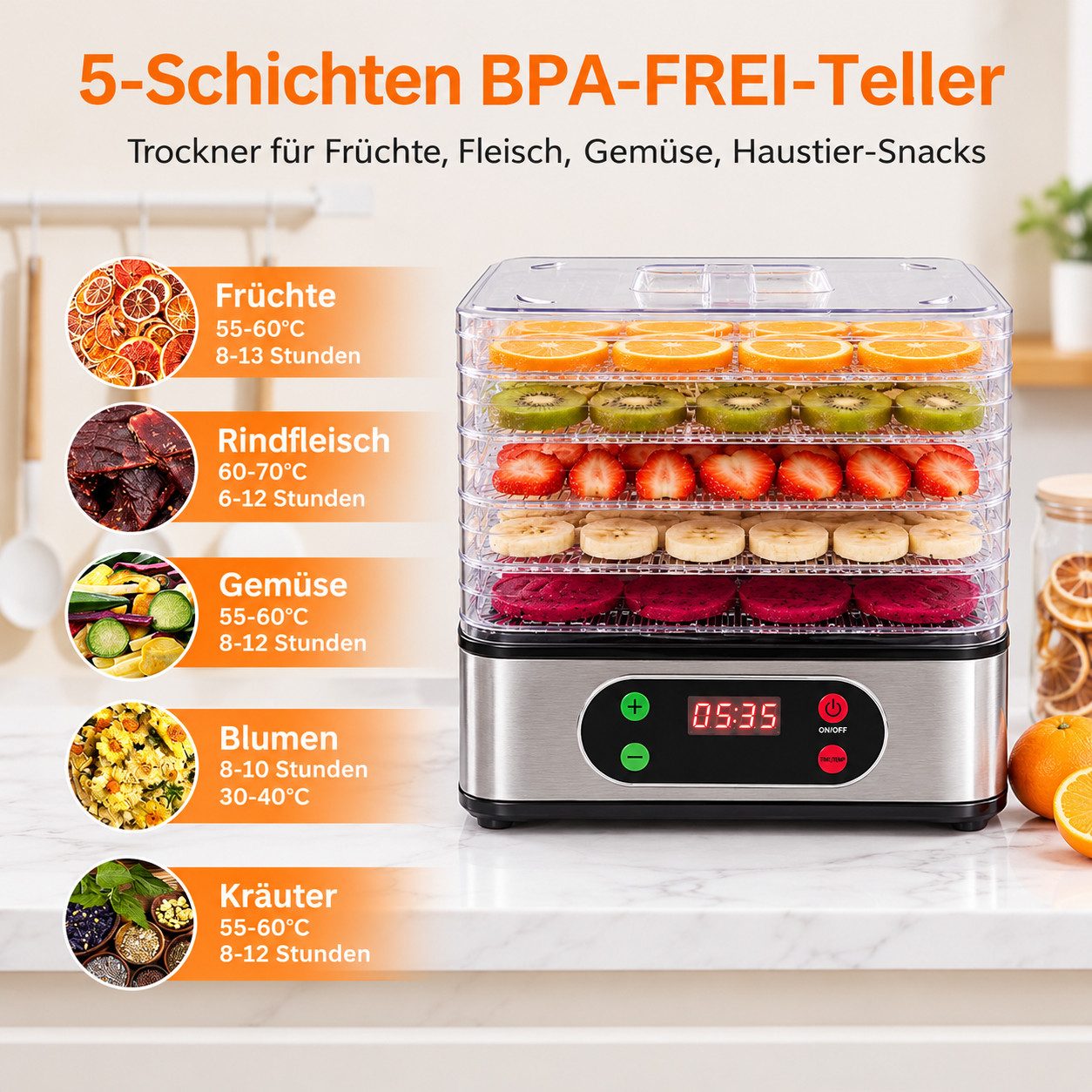 wohnTRAUM24 Dörrautomat Dörrgerät mit Temperaturregler, 72h-Timer, 5 Einlegefächer, 35-70°C 350 W, 5 Etagen, BPA-frei, Spülmaschinengeeignete Teile, für Obst, G – Bild 2 von 5