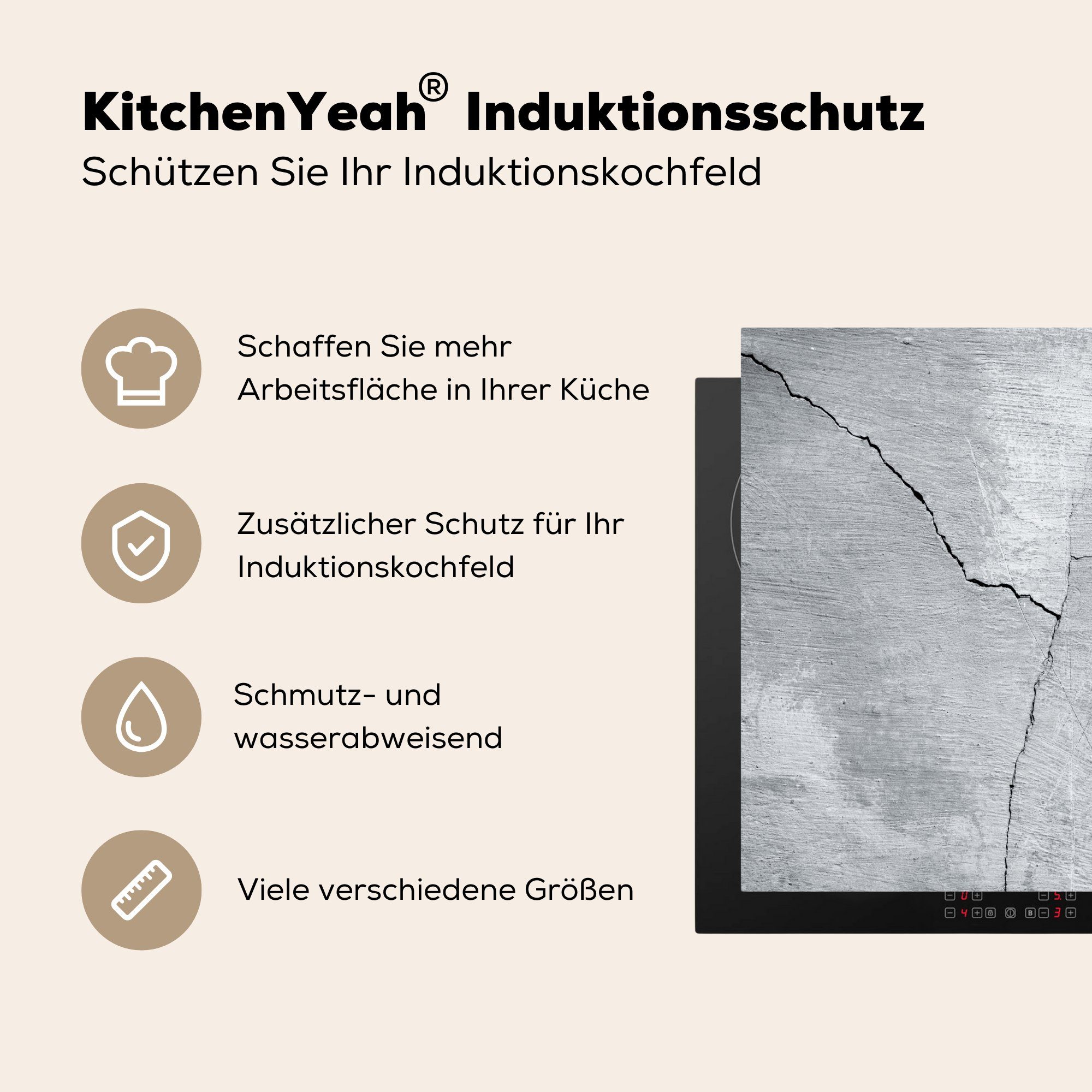 - Riss Beton Induktionskochfeld cm, 58x51 Induktionsherd, tlg), (1 Herdblende-/Abdeckplatte Küchen Grau, für Dekoration Vinyl, - MuchoWow