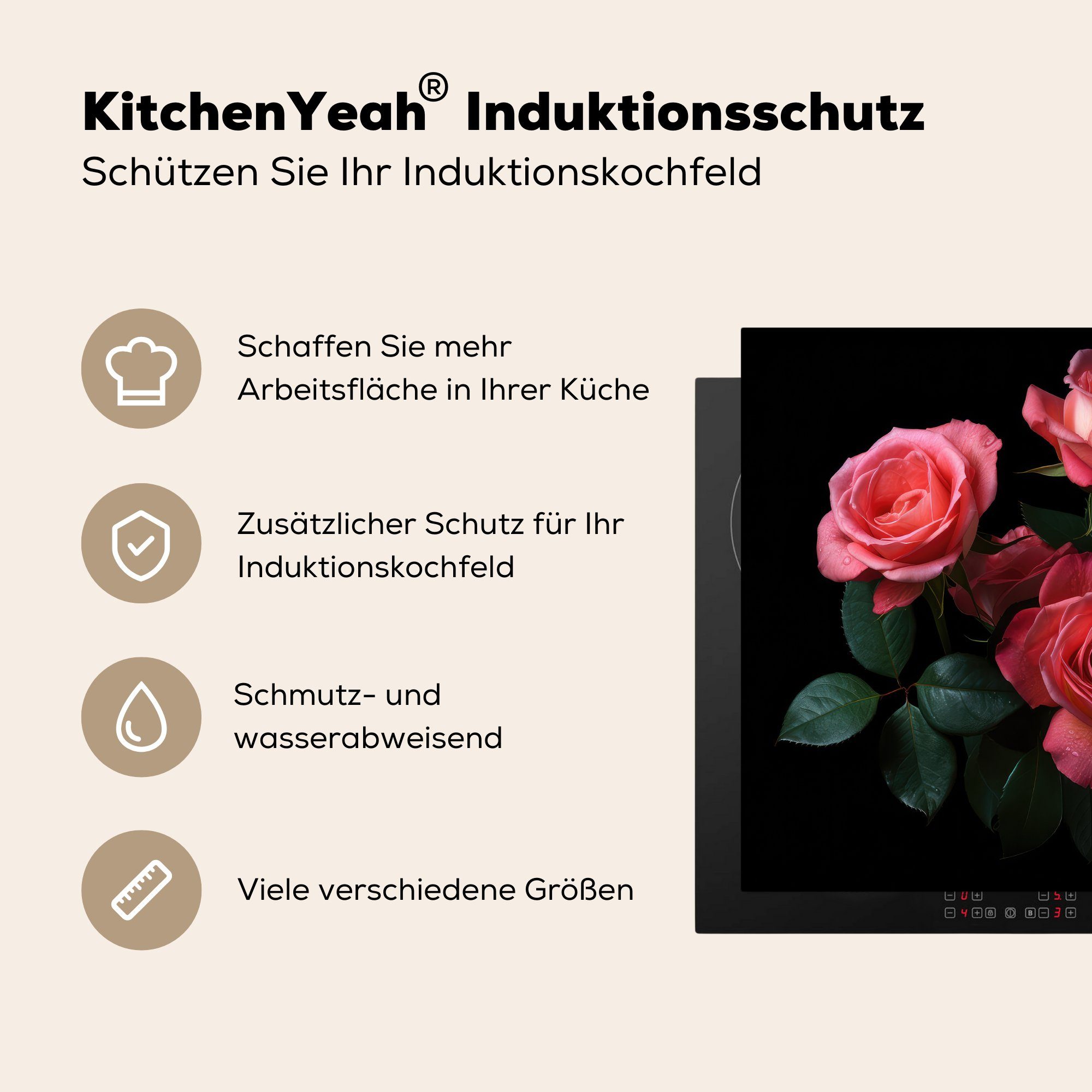 MuchoWow Herdblende-/Abdeckplatte Rosen - - 60x52 Natur Blumen Ceranfeldabdeckung - Vinyl, tlg), Rosa - nutzbar, cm, (1 Arbeitsfläche Mobile Schwarz