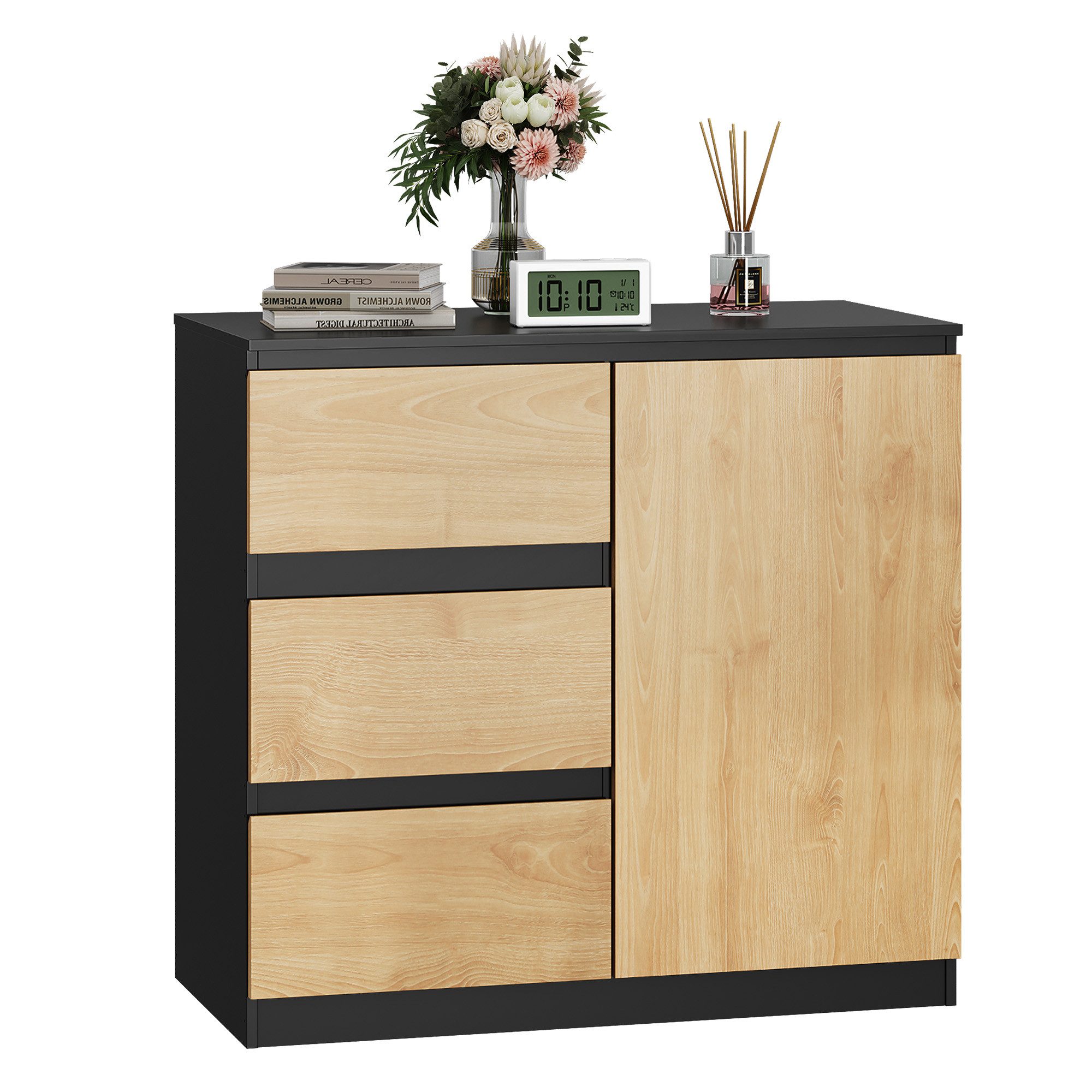 WLIVE Sideboard Kommode, Breite 80 cm, Sideboard mit 3 Schubladen & 1 Tür, (Packung, leise Schienen, viel Stauraum), Soft-Close-Funktion, Anrichte für Wohnzimmer & Flur, Schwarz+Eiche