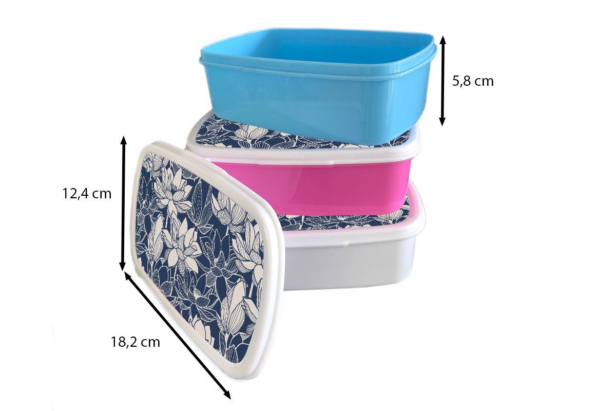 Kunststoff, Mädchen für für Jungs und - Muster, und Kinder - weiß Lunchbox Brotbox Lotus Brotdose, Erwachsene, MuchoWow Blau (2-tlg),
