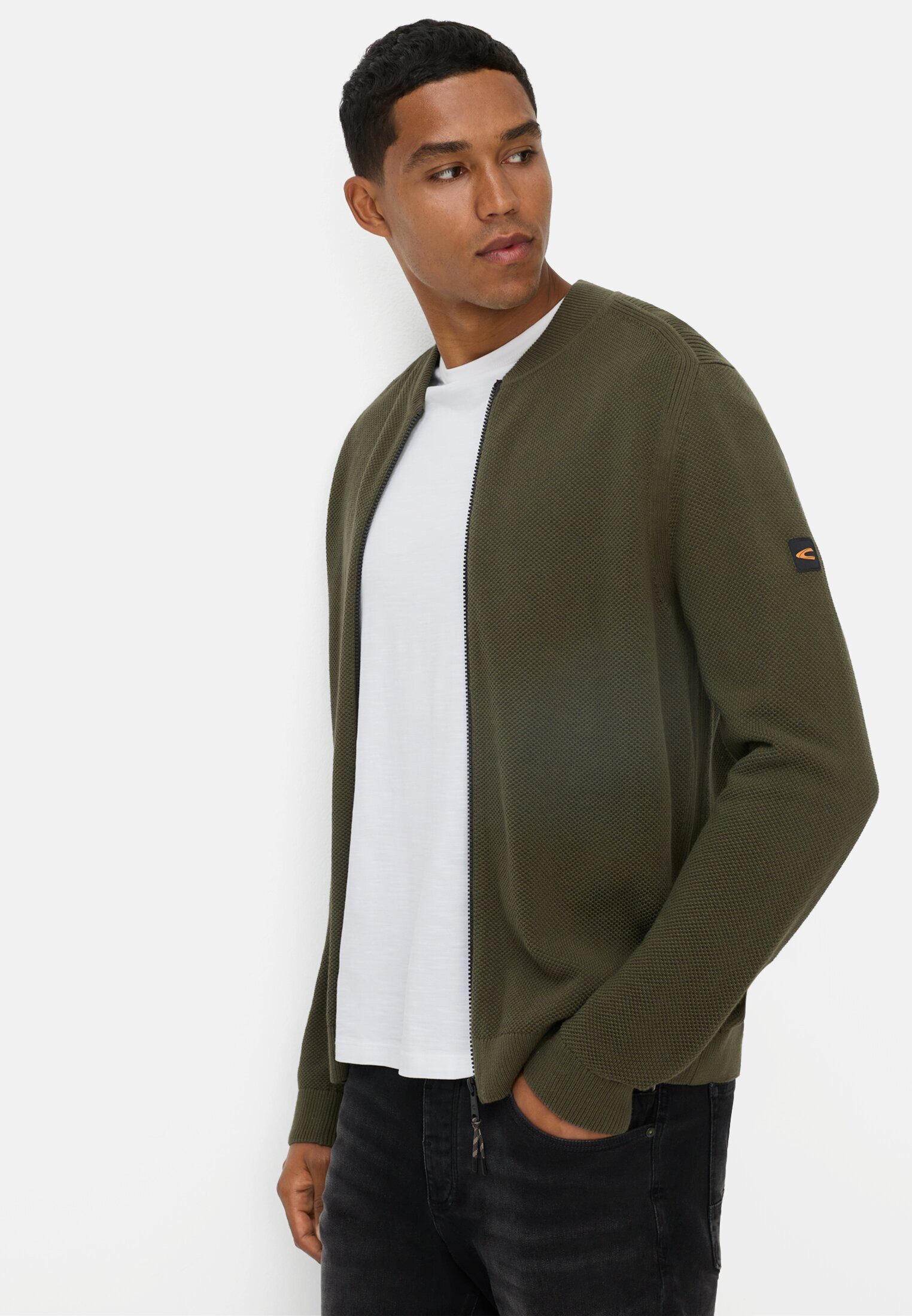 camel active Strickjacke im Bomberstil Langarm Stehkragen