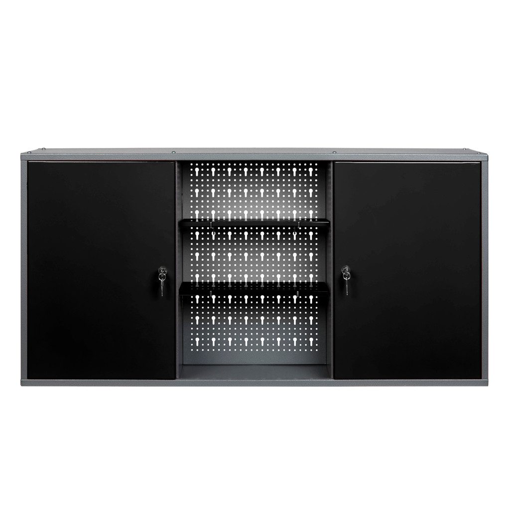 Kreher Werkzeugschrank aus Metall mit 2 Türen und Einlegeböden für Werkstatt (Schwarz-Grau)