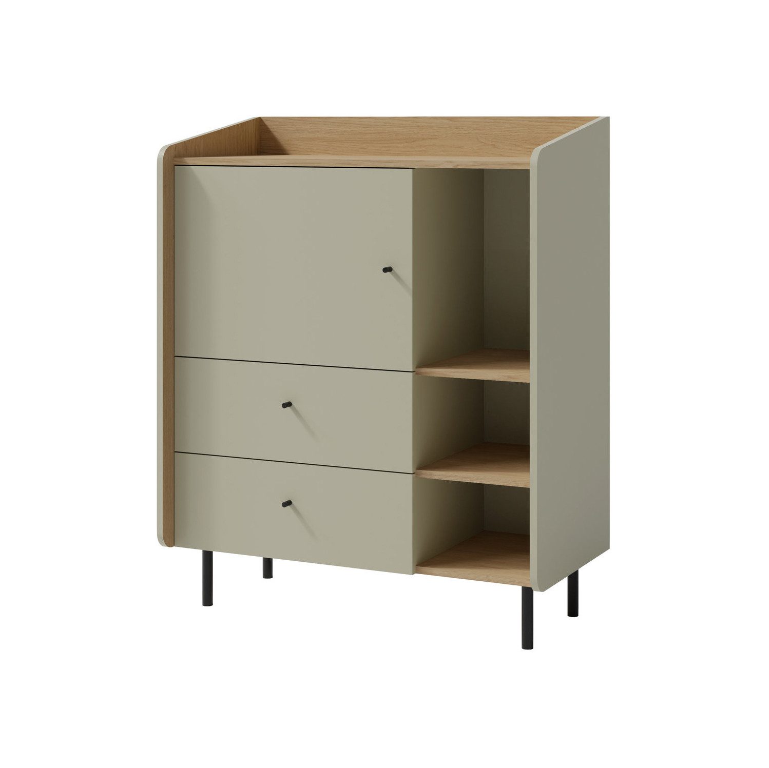 Beautysofa Kommode ALEX mit 1 Tür, 2 Schubladen und offenem Regal (erhältlich in zwei trendigen Farben- Eukalyptus oder Sandbeige), Breite: 95 cm