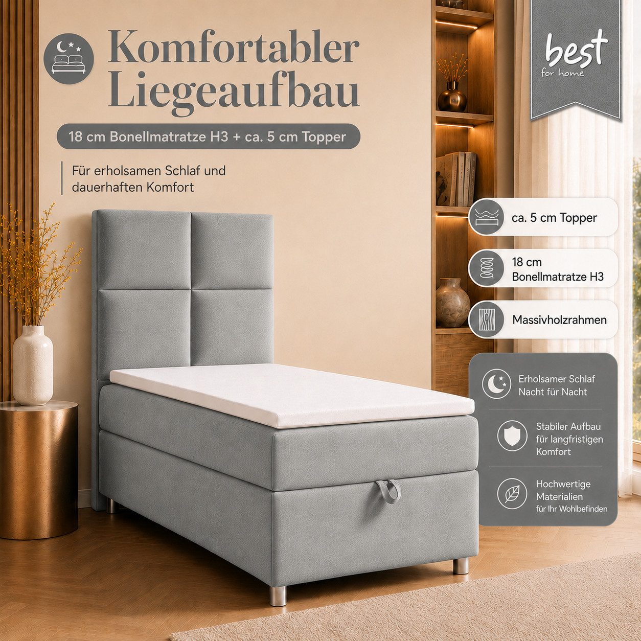 Best for Home Boxspringbett Trinity K-2 mit Bettkasten & Topper – Komfort & Stauraum (Einzelbett, Hotelbett, Polsterbett gepolstertes Kopfteil, Jugendbett, Kinderbett versch. Größen, 1-St., 70x200 80x200 90x200 100x200 cm), Einzel-Boxspringbett mit integriertem Stauraum, gepolstertem Kopfteil