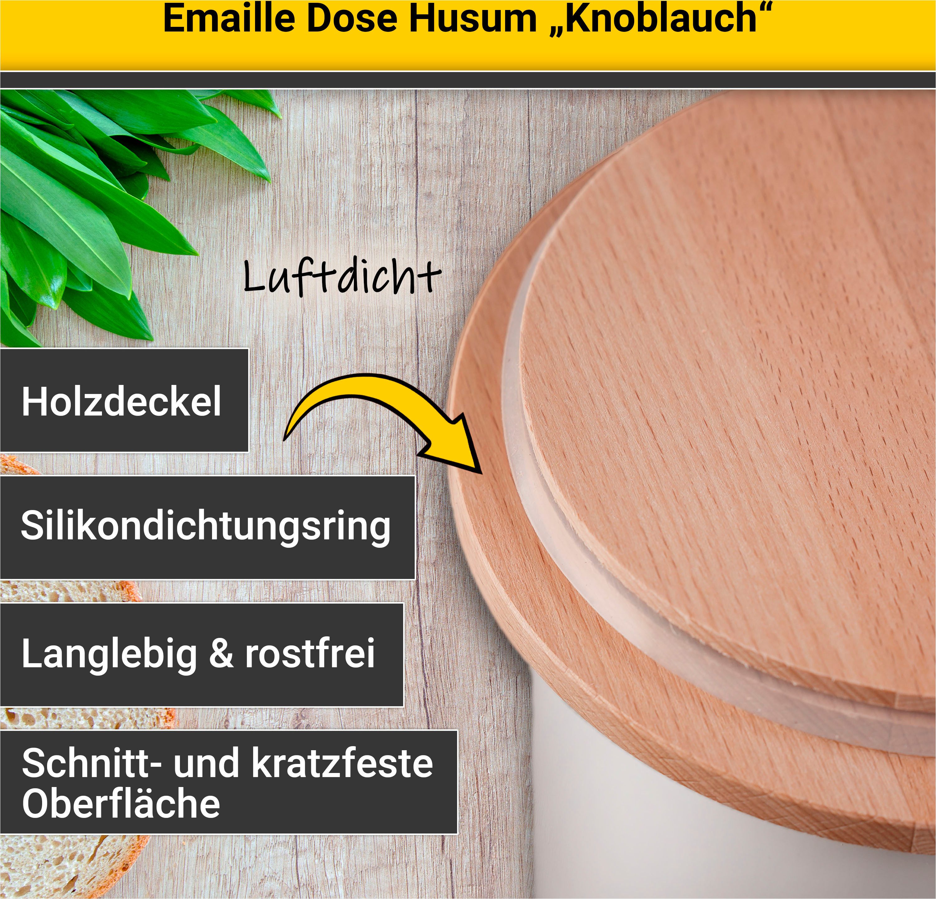Krüger Vorratsdose Emaille Vorratsdose Husum für Knoblauch mit Holzdeckel, 10 cm, Emaille, (1-tlg), schnitt-/kratzfeste Oberfläche, Bakterienabweisend, extrem l – Bild 2 von 5