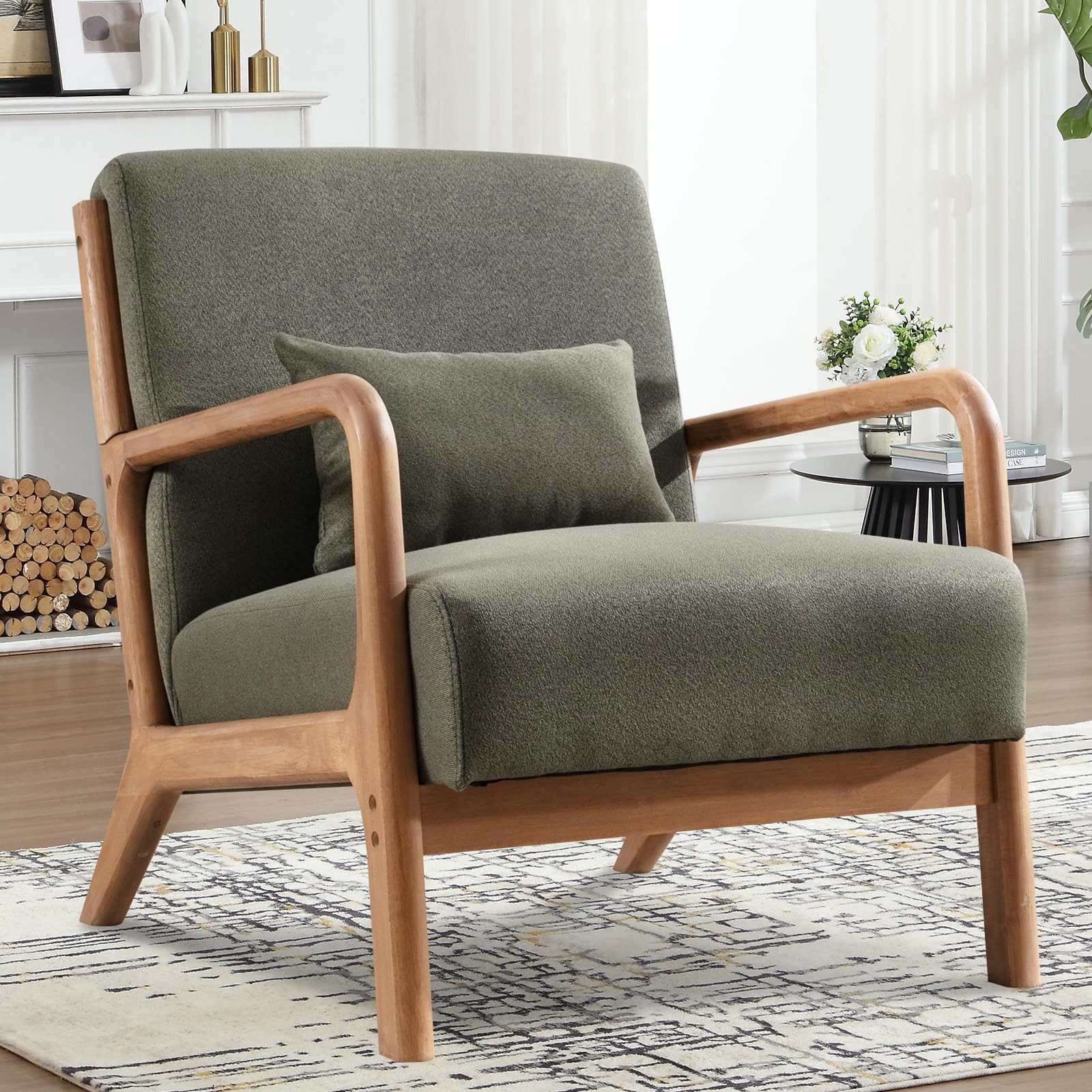 CANMOV Relaxsessel Accent Sessel mit Kissen, Loungesessel mit Armlehnen, Einzelsessel (1-St), Natürliches Holz, Liegestuhl mit Armlehne und Kissen, für Wohnzimmer