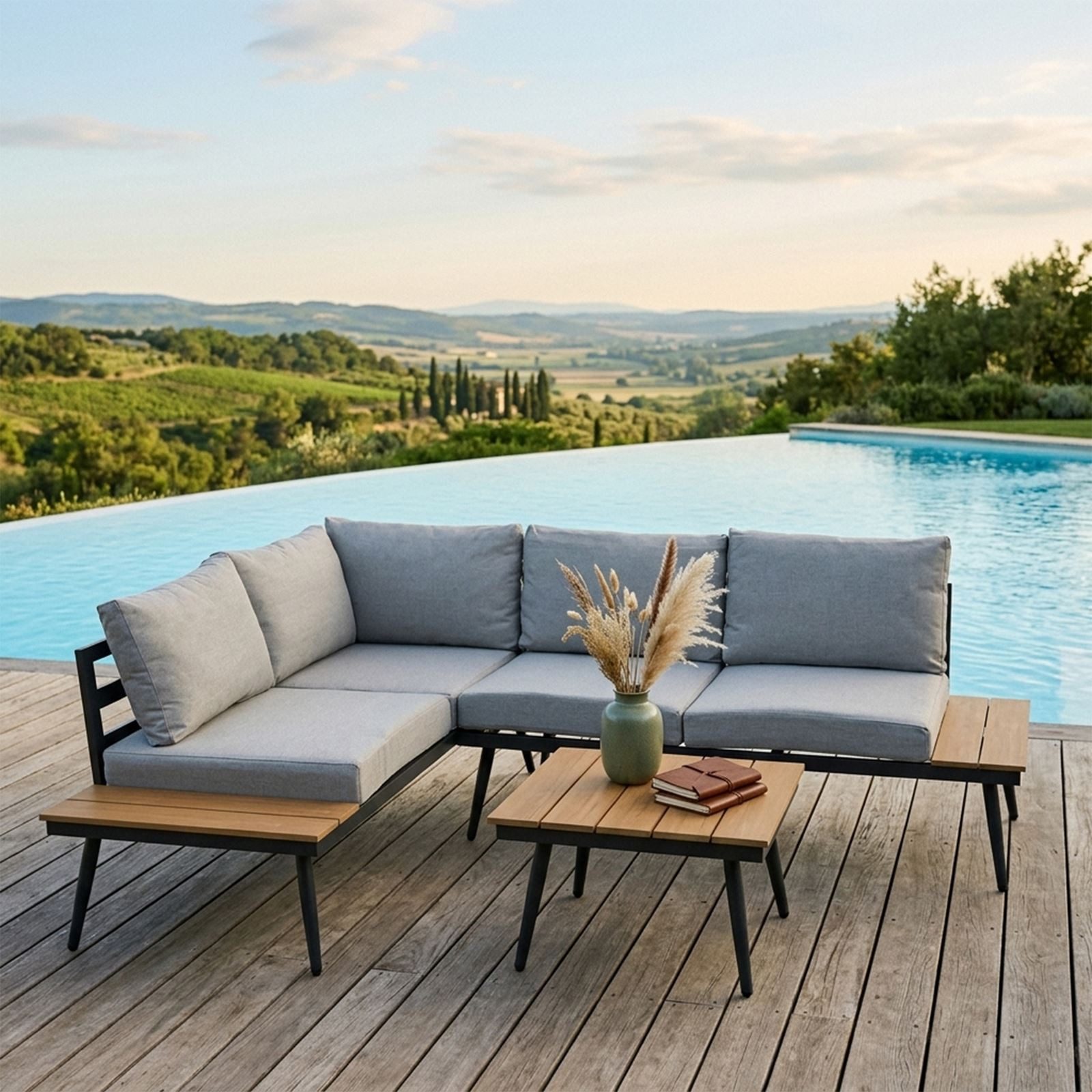 CARO-Möbel Gartenlounge-Set PAROS, Outdoor Sofa mit Beistelltisch, Garten Ecksofa grau und holzoptik