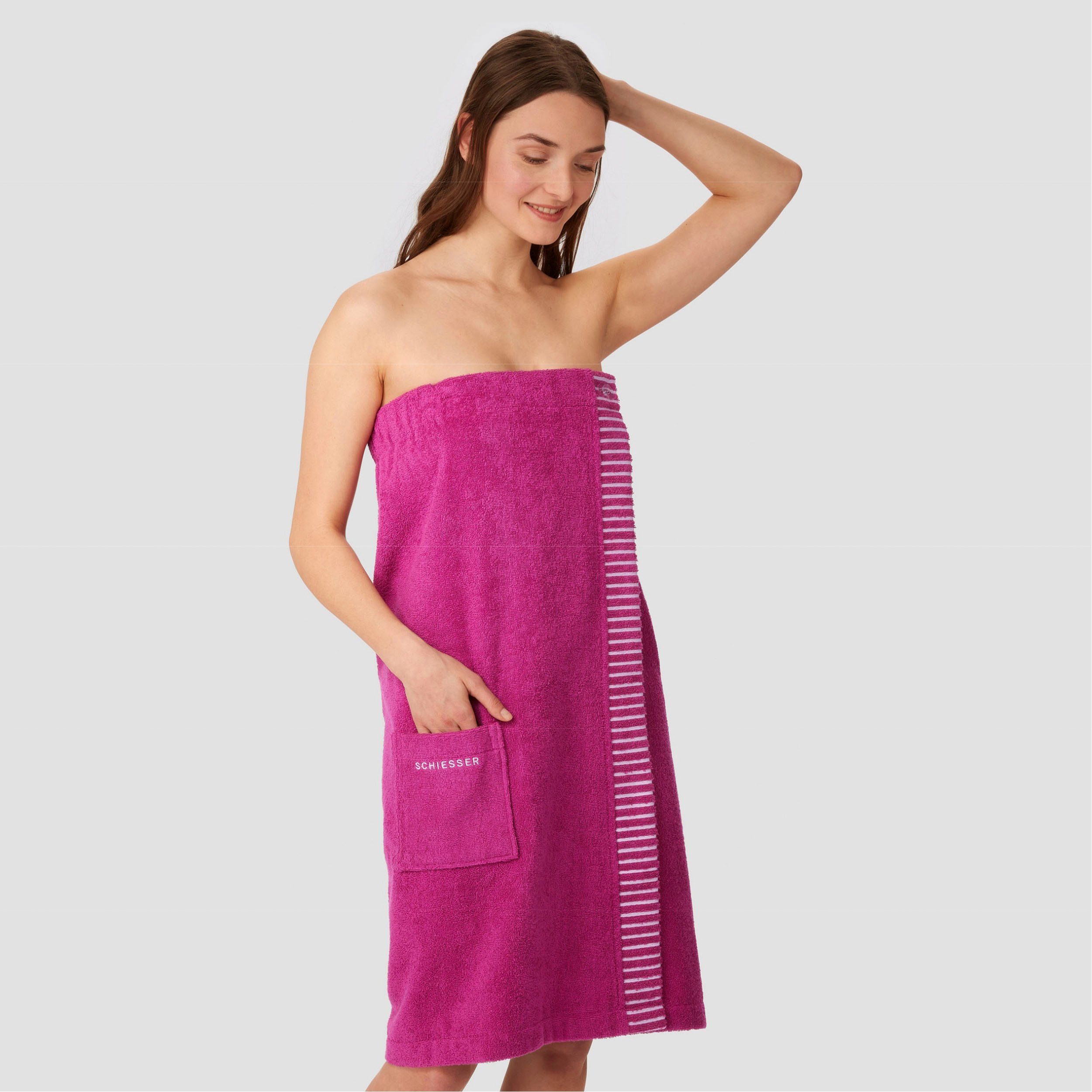 Schiesser Sarong Saunakilt Rom für Damen aus saugstarkem Baumwoll-Frottier, Kurzform, Frottier, Knöpfe, mit Streifen-Akzent und Logostickerei Pink