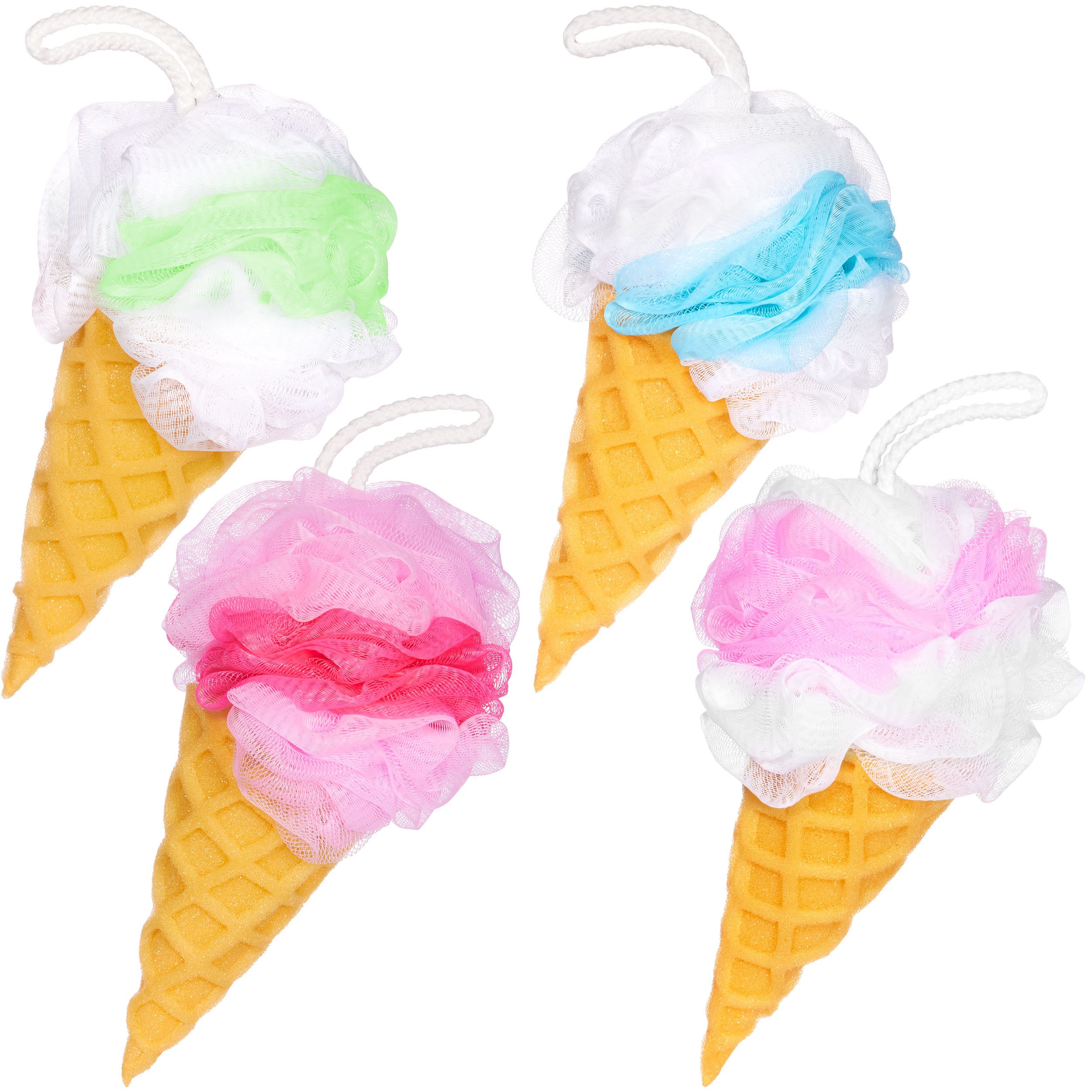 BRUBAKER Duschschwamm Badeschwamm Set Eis Waffel - 45 g Badeknäuel für Kinder und Erwachsene, 4-tlg., Körperreinigungsschwamm - Peeling Schwamm - Waffeleis Waschschwamm
