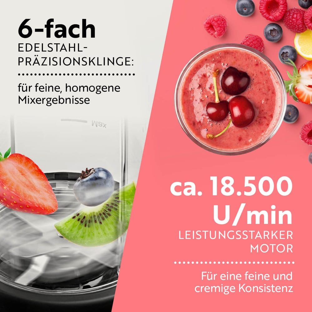 GOURMETmaxx Standmixer Mixer Becher 500ml 3-tlg. 1000W schwarz/Edelstahl, 1000 W, Shakes Smoothies Cocktails Dips Pesto pürieren zerkleinern mahlen – Bild 4 von 5