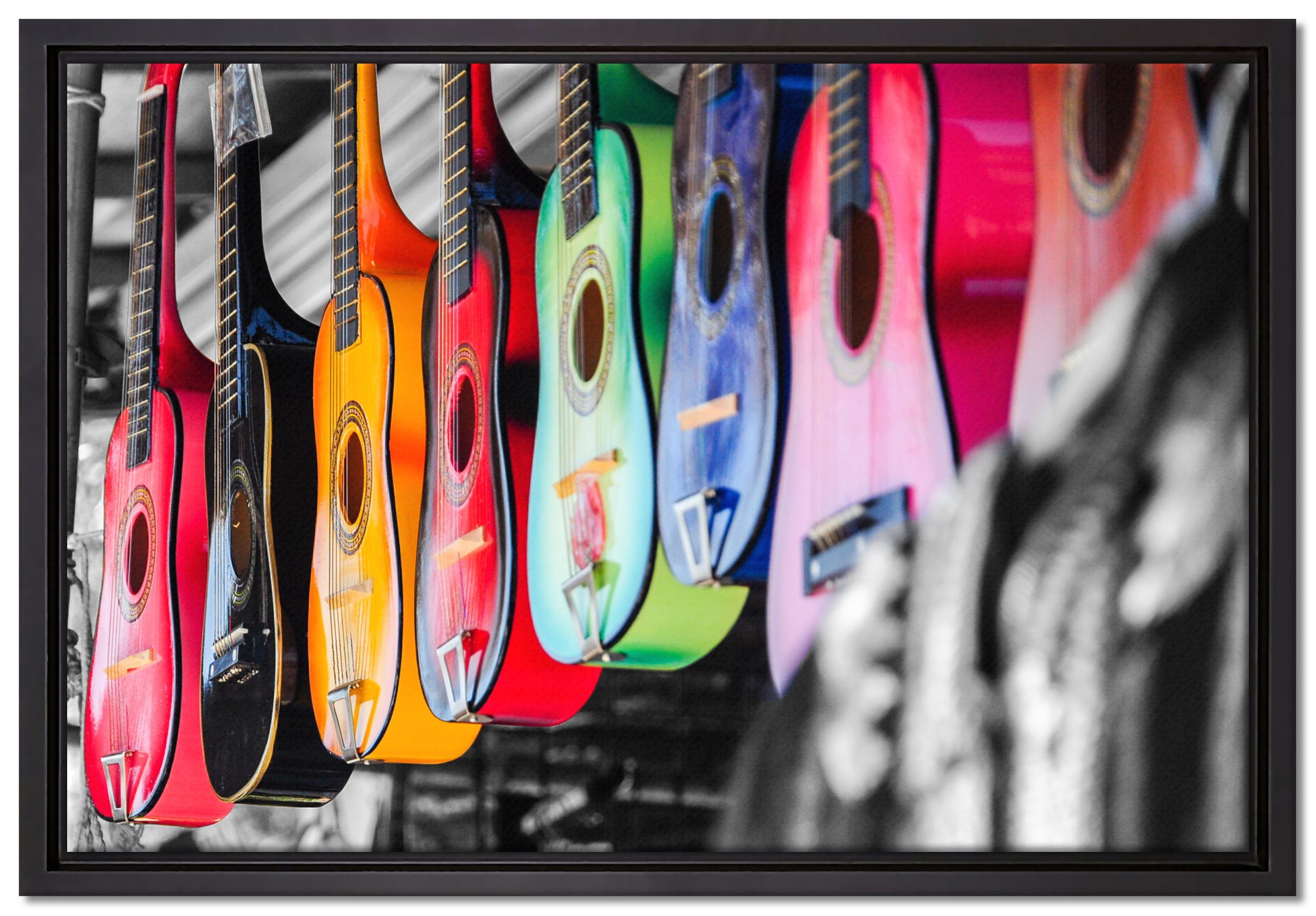 Pixxprint Leinwandbild klassische Gitarren auf dem Markt, Wanddekoration (1 St), Leinwandbild fertig bespannt, in einem Schattenfugen-Bilderrahmen gefasst, inkl. Zackenaufhänger