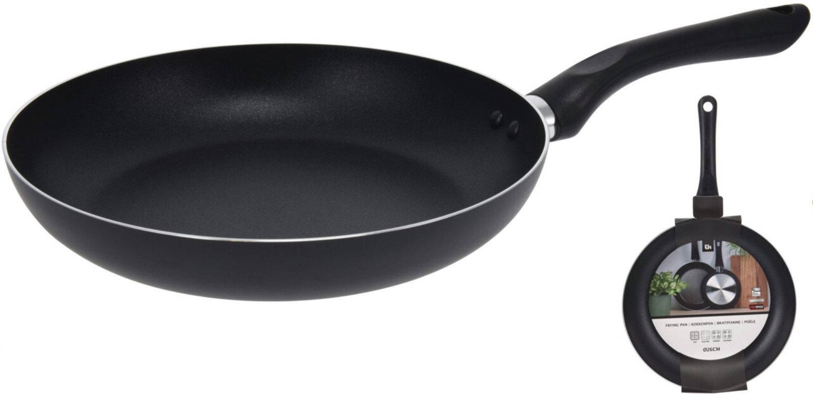 Koopman Bratpfanne Küchenpfanne Schwarz Alu Ø 26CM, (Stück, 1-tlg., Packung), Ø26cm, Griff 21cm, Pfanne, Kochpfanne, Schmiedealuminium