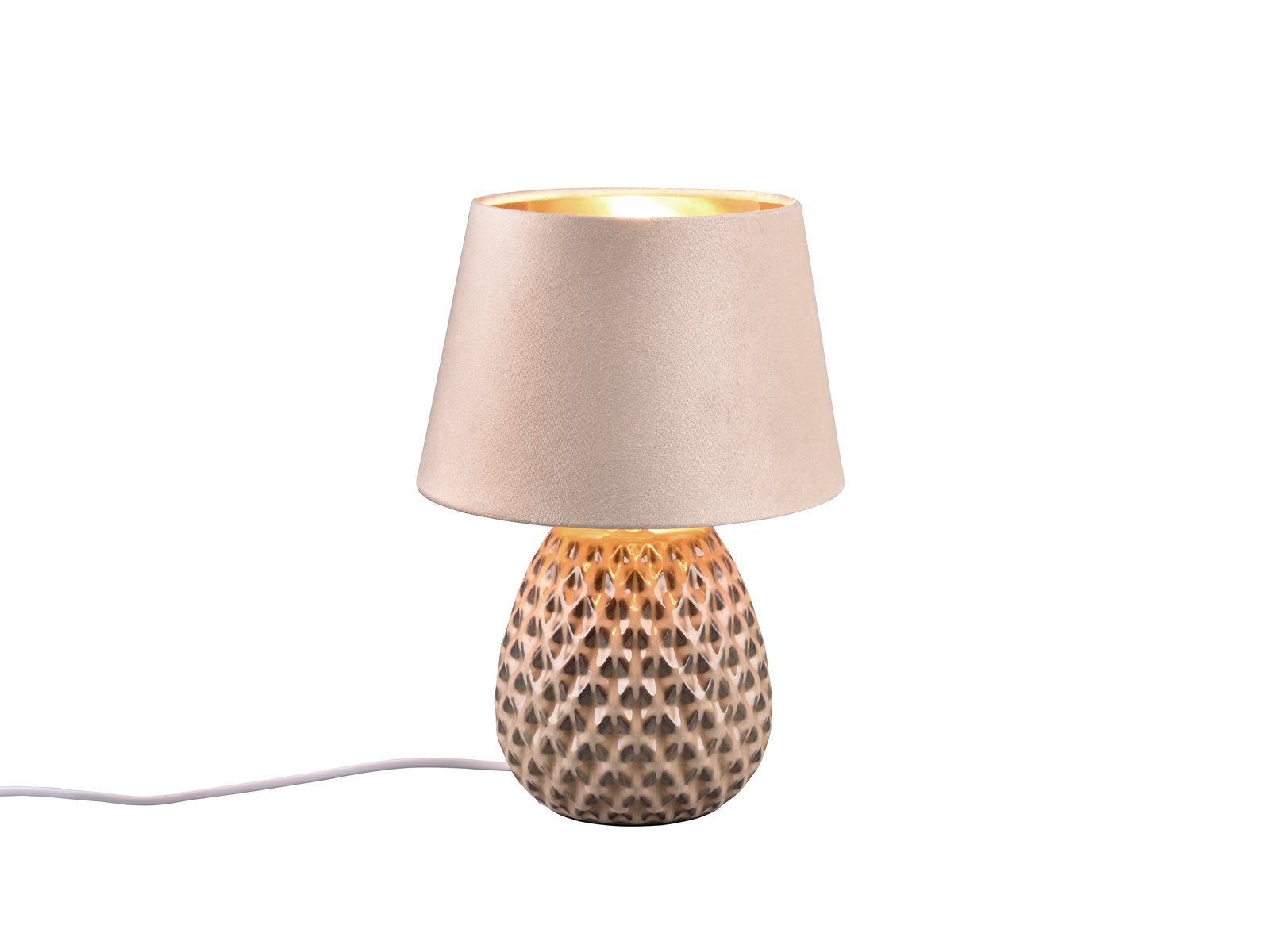 35cm Keramik-fuß Gold-en, Designer dimmbar & LED wechselbar, Höhe LED Nachttischlampe, Samt warmweiß, meineWunschleuchte Beige/Gold Lampenschirm