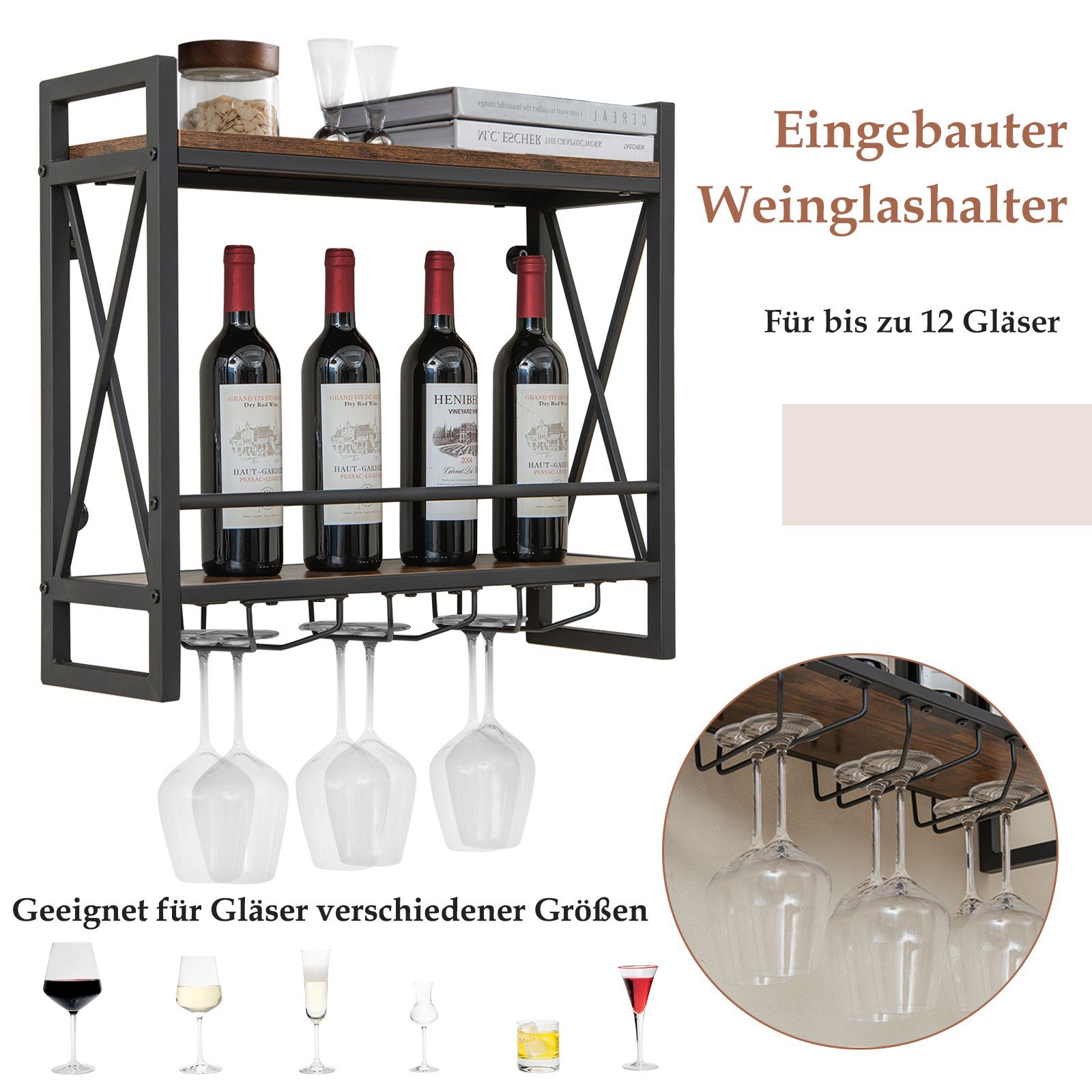 COSTWAY Weinregal, Wand, 20x60x55cm Holz Metallrahmen, Weingläserhalter, mit