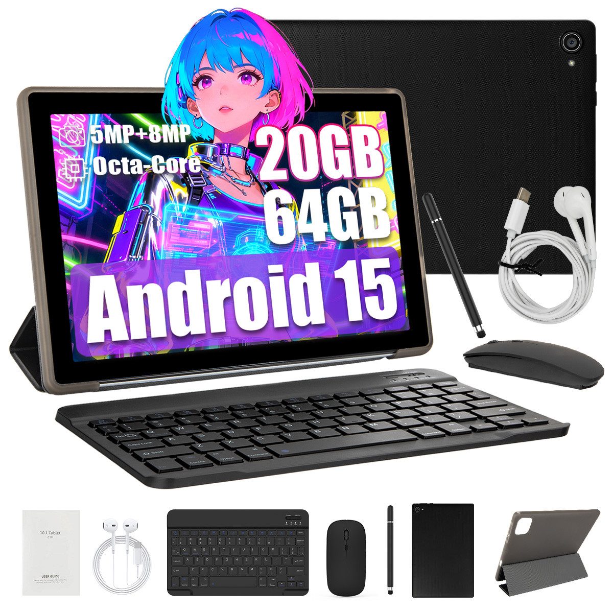 BUFO 10 Zoll Android, 3 GB RAM 64 GB Speicher 5 MP + 8 MP Dual-Kamera Tablet (10", 64 GB, Android, Android 15, HD Display, mit Tastatur/Maus/Schutzhülle/Stift/Kopfhörer)