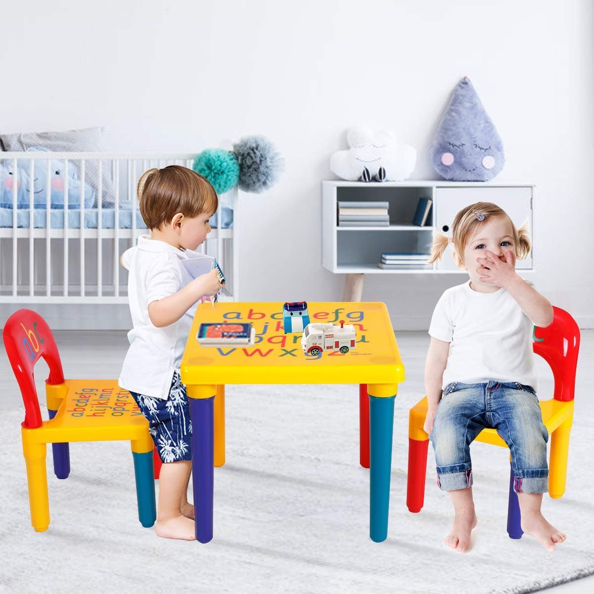 KOMFOTTEU Kindersitzgruppe Kindertisch, (Set, 3-tlg), bunt mit Stühlen, 2