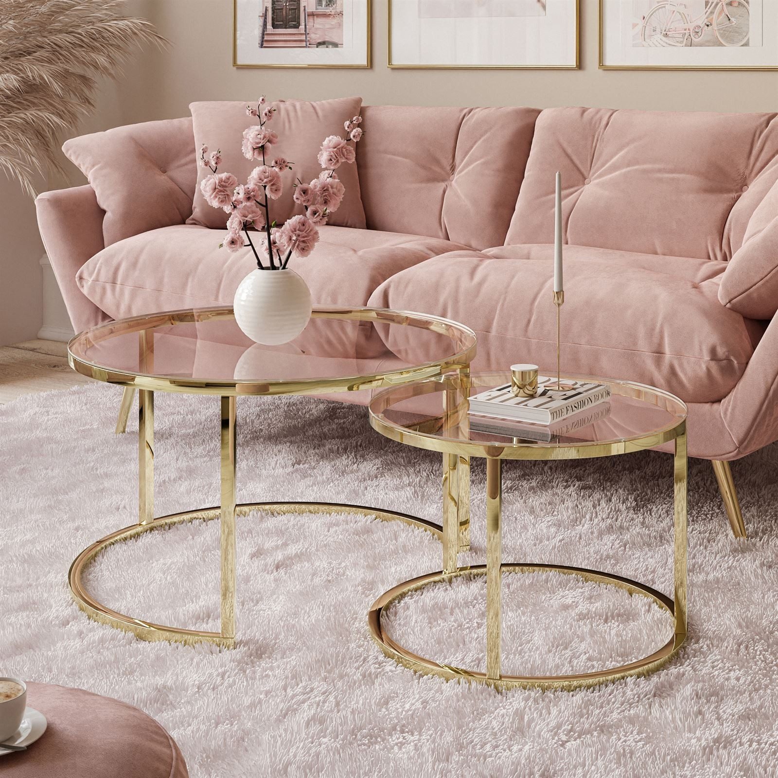 Lookway Couchtisch CIRI 2in1 GLASS mit Gold Chrom Gestell (2er Set), Durchmesser: ⌀70 cm und ⌀50 cm
