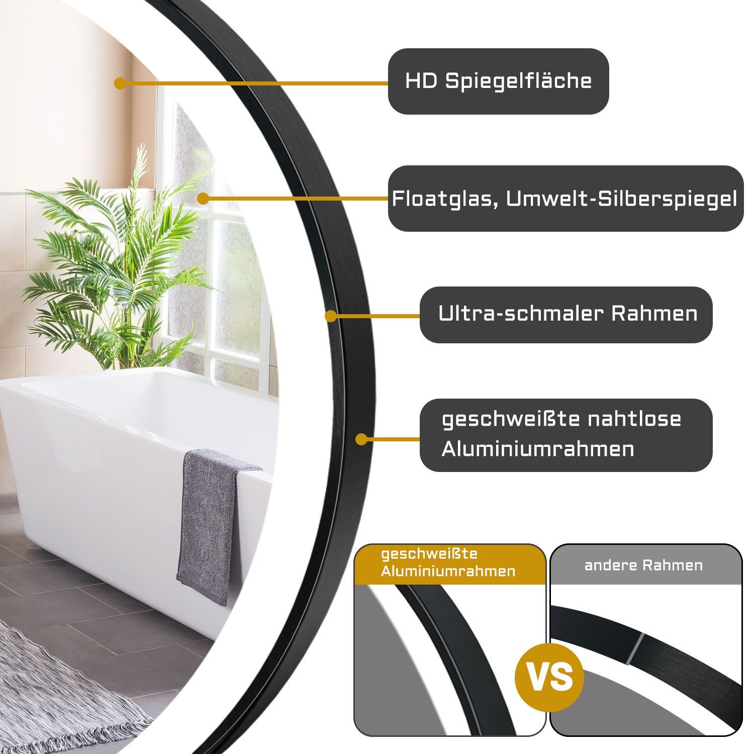 duschspa Badspiegel LED Spiegel mit Rahmen Schwarz Wandspiegel mit Beleuchtung 50-120cm, Kalt/Warm/Neutralweiß, dimmbar, Touch/Wandschalter, Memory