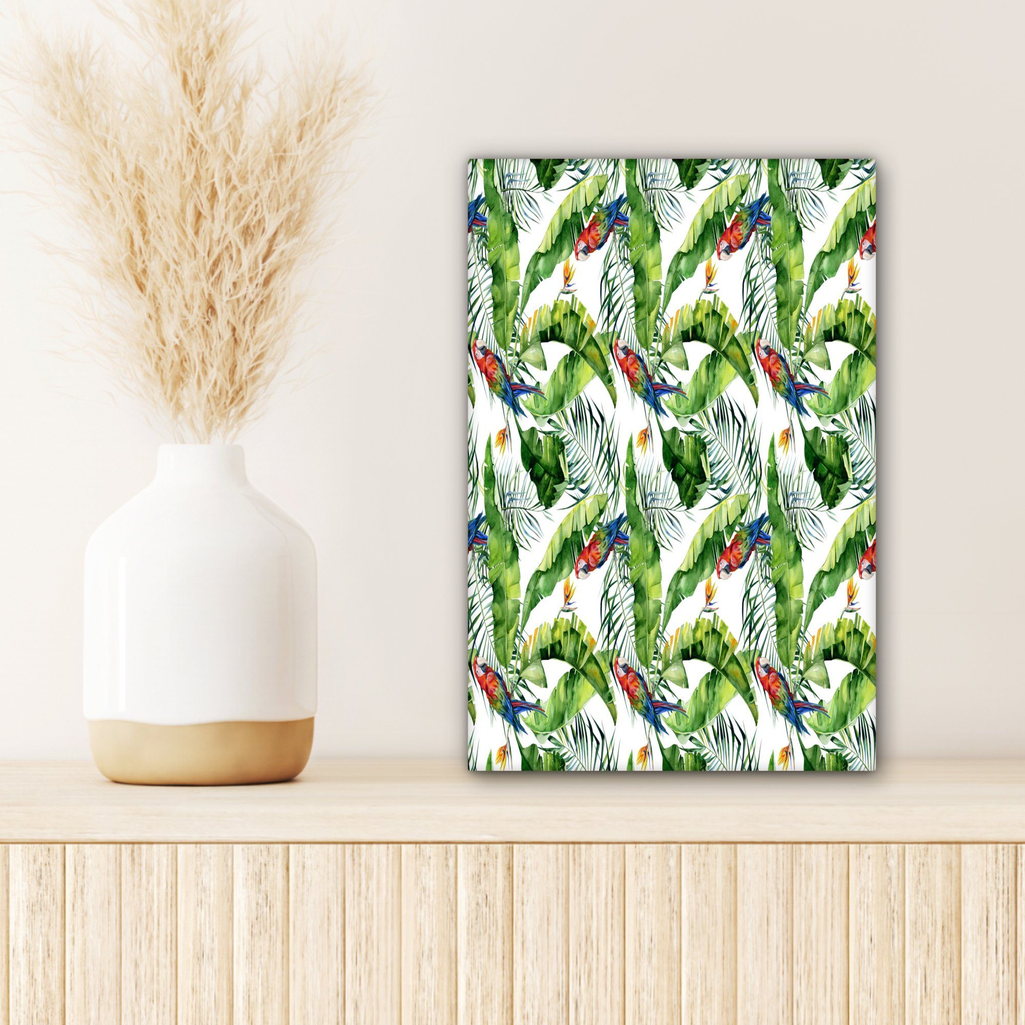 fertig Leinwandbild Paradiesvogelpflanze Gemälde, 20x30 (1 cm inkl. - - Blumen Zackenaufhänger, Papagei, bespannt OneMillionCanvasses® Leinwandbild St),