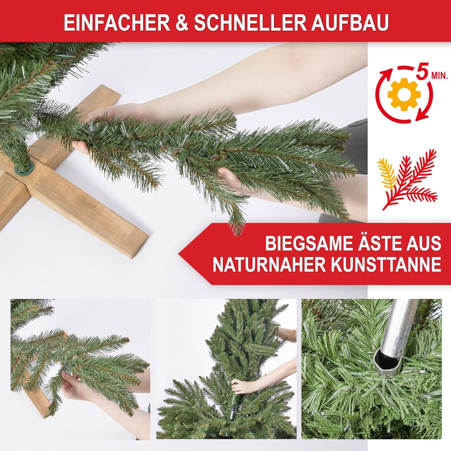 Onbest Künstlicher Weihnachtsbaum massiver Holzständer, Naturgetreu, Tannenbaum, Premium Qualität, schwer entflammbar, 180cm, 220cm