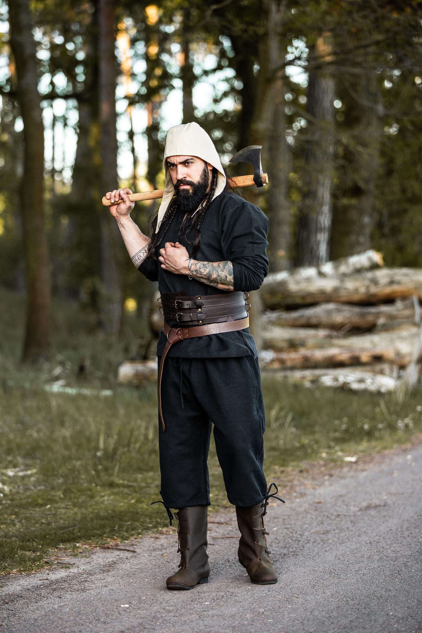 Leonardo Carbone Wikinger-Kostüm Kniebundhose "Veli" mit Kordelzug, handgewebte Baumwolle, Seitentaschen