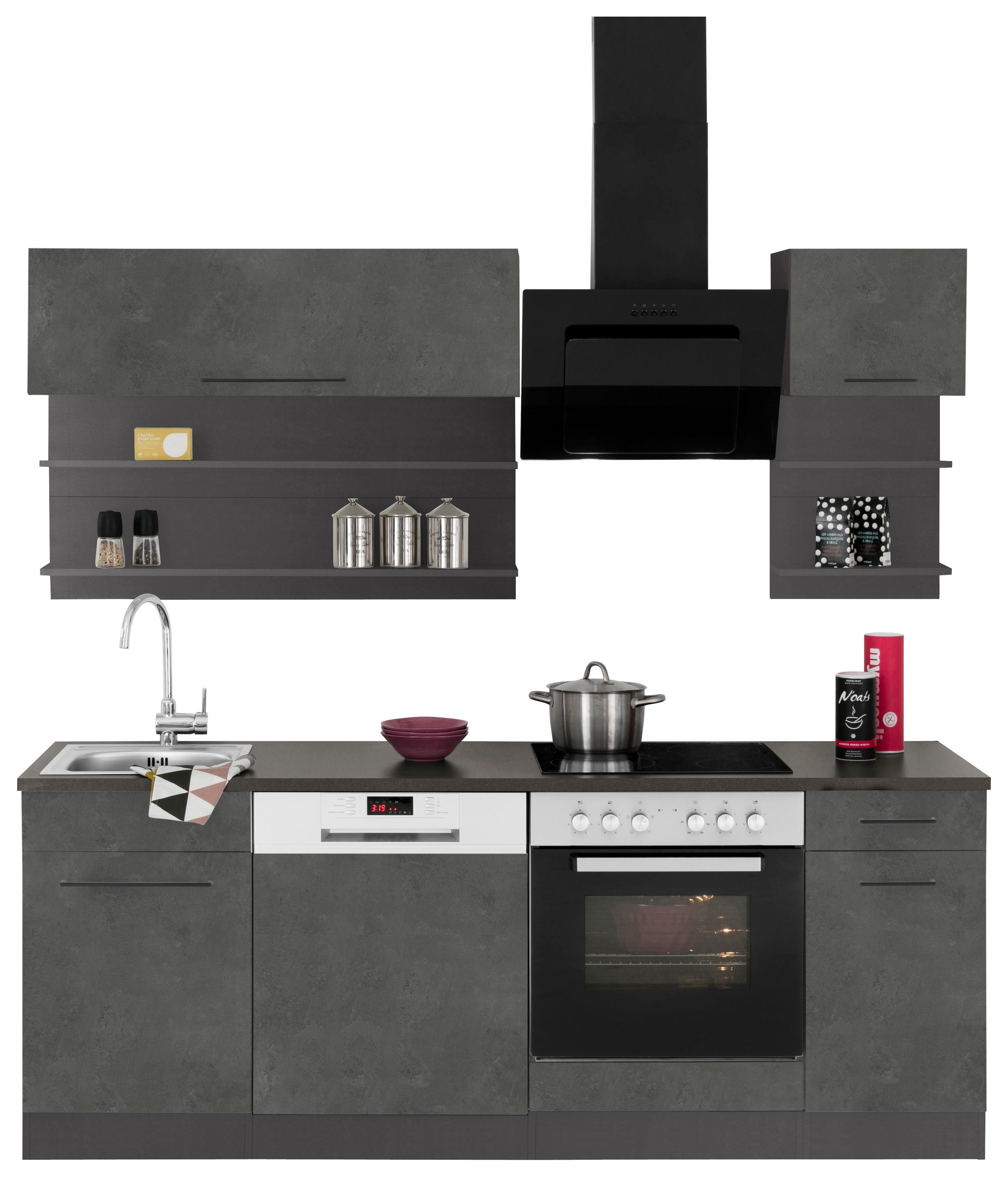 KOCHSTATION Küchenzeile KS-Tulsa, mit E-Geräten, Breite 210 cm, schwarze Metallgriffe, MDF Fronten