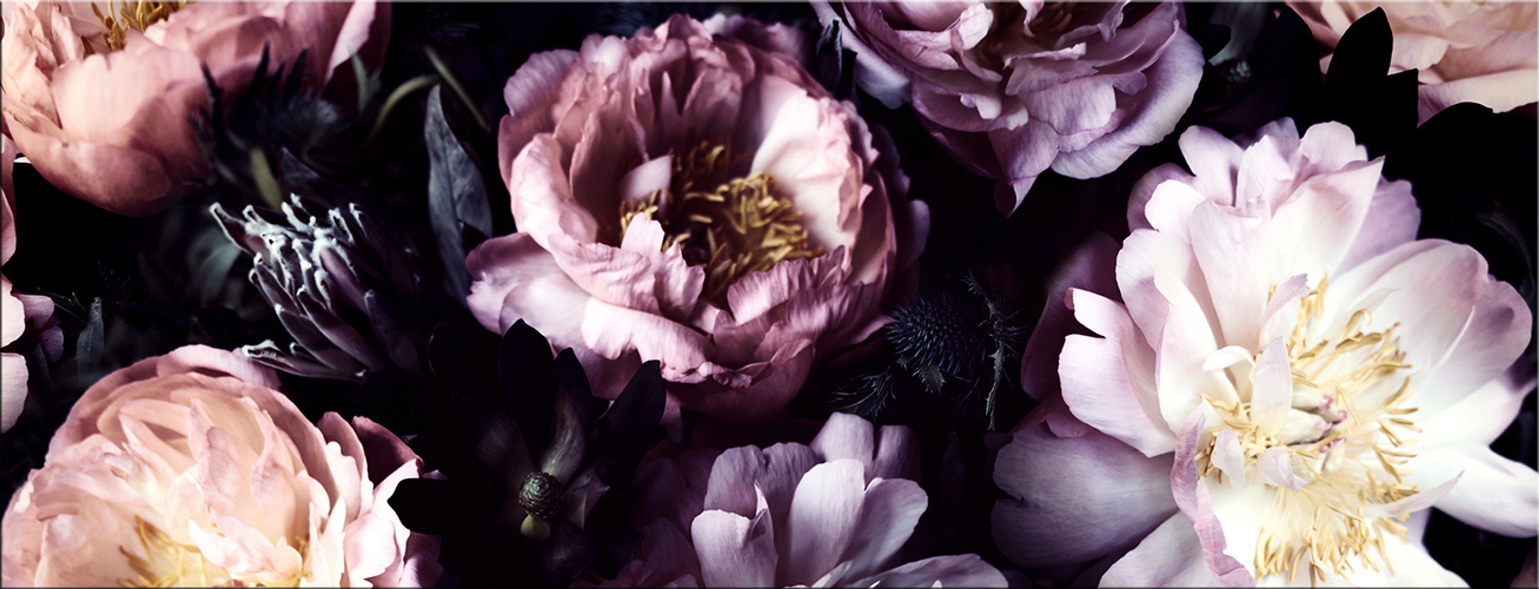 Blüten: Hintergrund 80x30cm Glasbild Blumen lila aus violett, Glasbild auf Retro-Blumen schwarzem Vintage Blumen Wohnzimmer Bild artissimo Glas und
